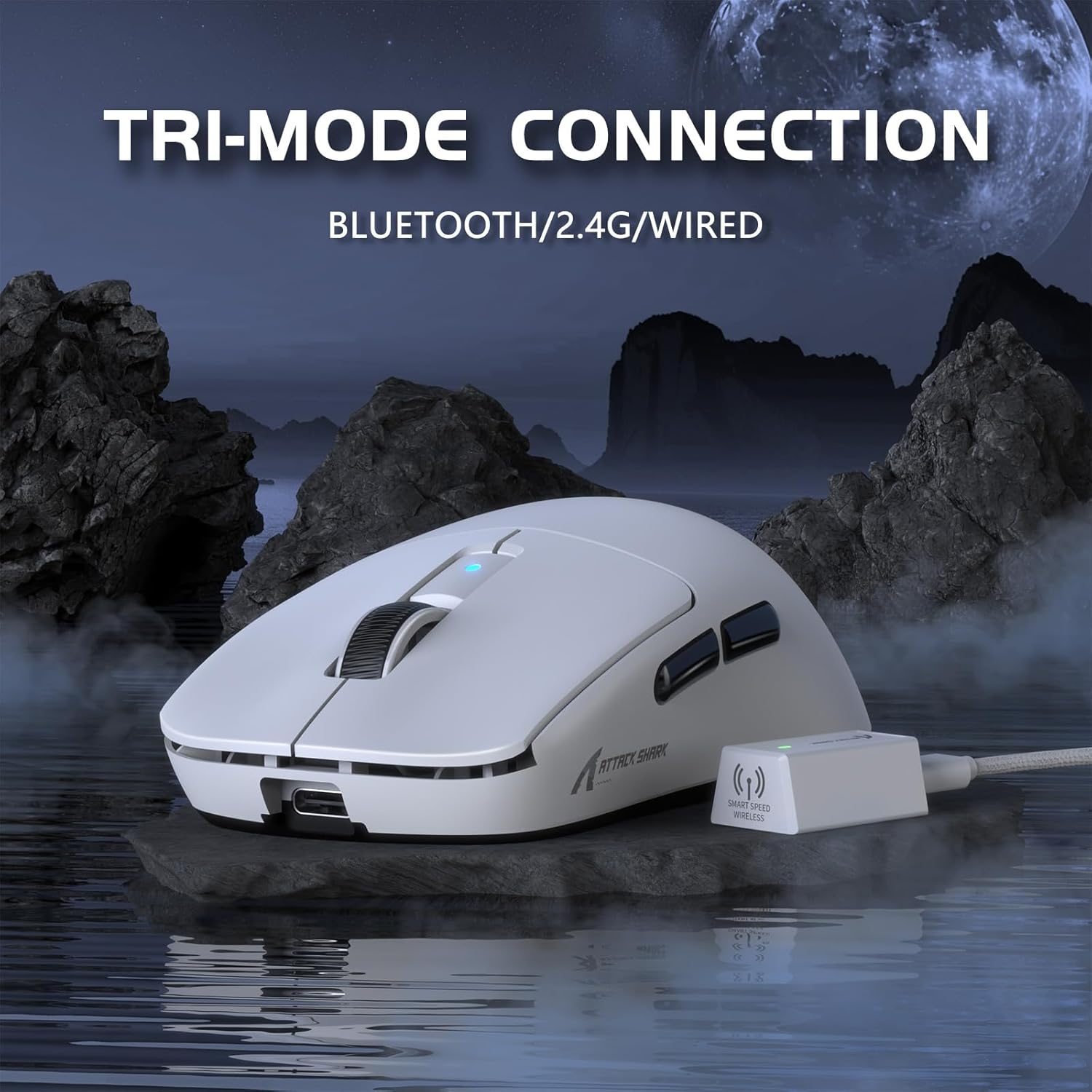 ATTACK SHARK R6 Wireless 8Khz Gaming Mouse, SUPERLIGHT 39G, Nordic 52840 MCU, Pixart PAW3950MAX Gaming Sensor, BT/2.4G /Wired, Adjustable DPI 42000, Optical Microswitches (100M Clicks), Pc/Mac (White) - Black image number 6