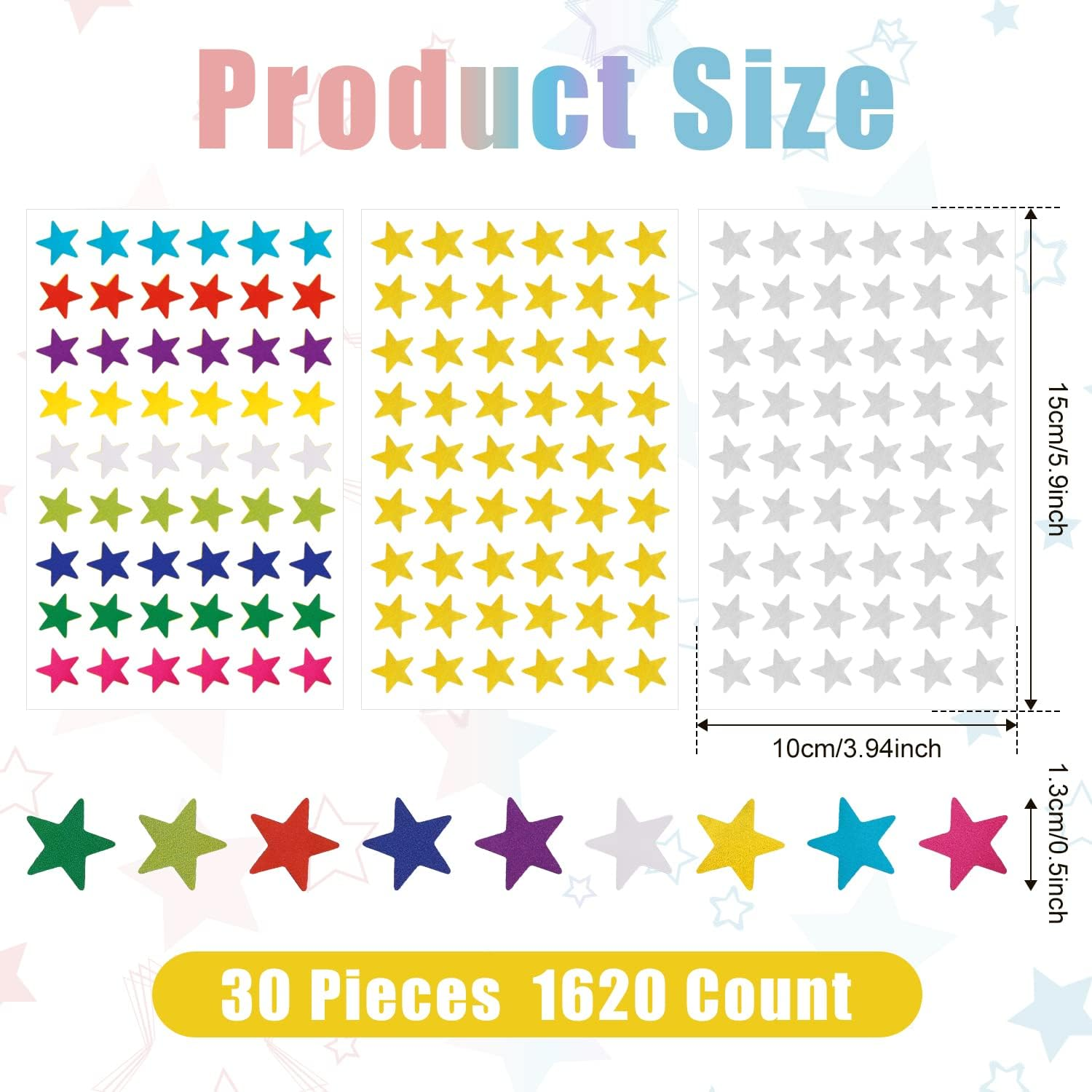 1620Pcs/ 30Sheets Small Star Stickers, 1.3Cm/0.5 Inch Foil Star Stickers Incentive Reward Star Stickers for Kids Craft Wall Home School Office (Gold, Silver, Colored) image number 3