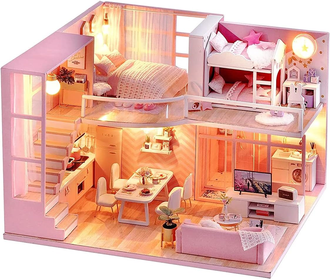 Tukiie DIY Miniature Dollhouse Kit with Furniture, 1:24 Scale Creative Room Mini Wooden Doll House Accessories plus Dust Proof & Music Movement for Kids Teens Adults(Dream Angels) image number 1