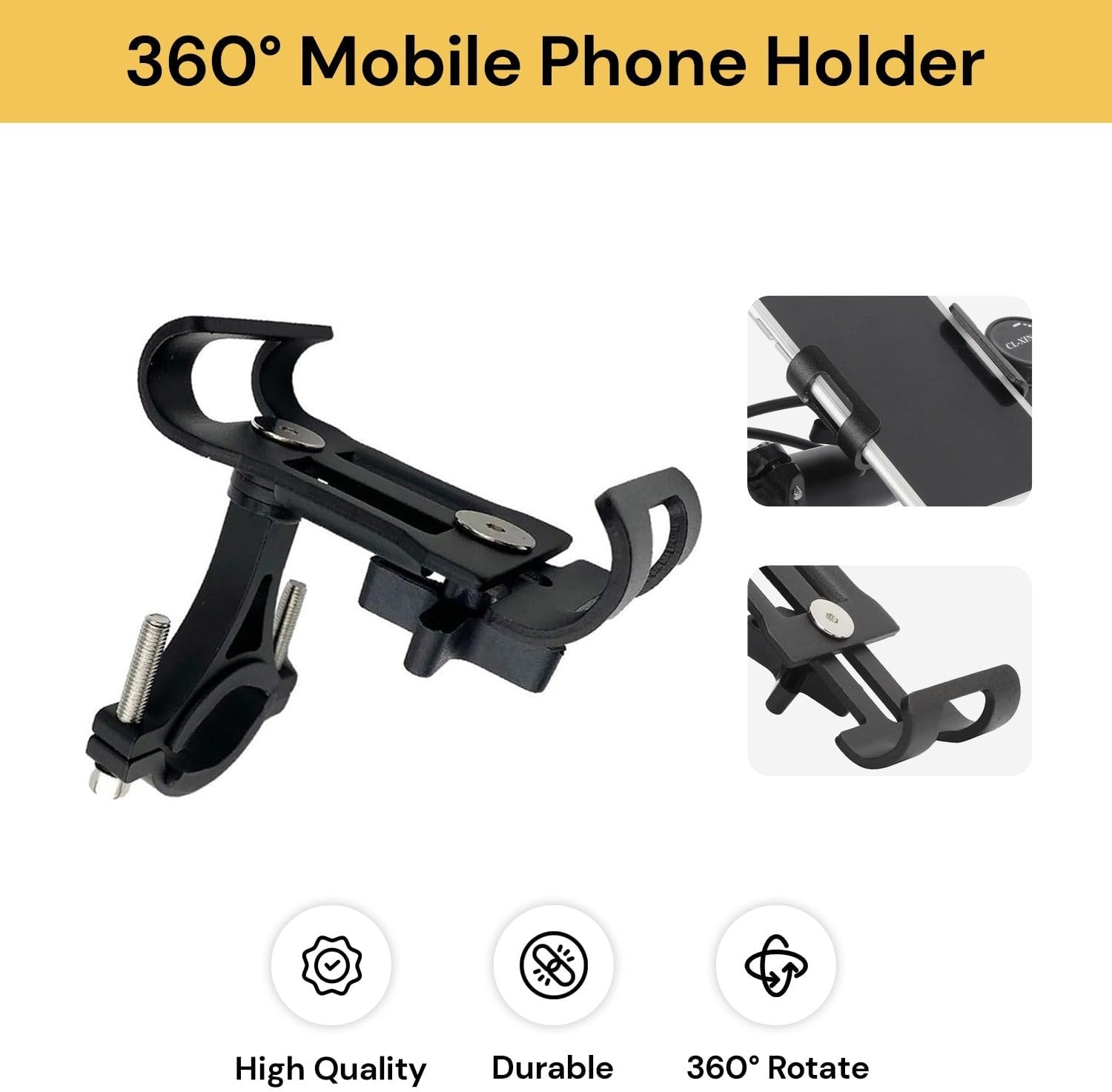 EZONEDEAL 360&deg; Rotate Aluminum Bike Handlebar Mobile Phone Holder Mount, Universal Bicycle Phone Mount for 3.5-6.5 Inch Devices, Fits 20-38Mm Handlebar Mounted Cell Phone Holder for Bike (Black) - Black image number 6