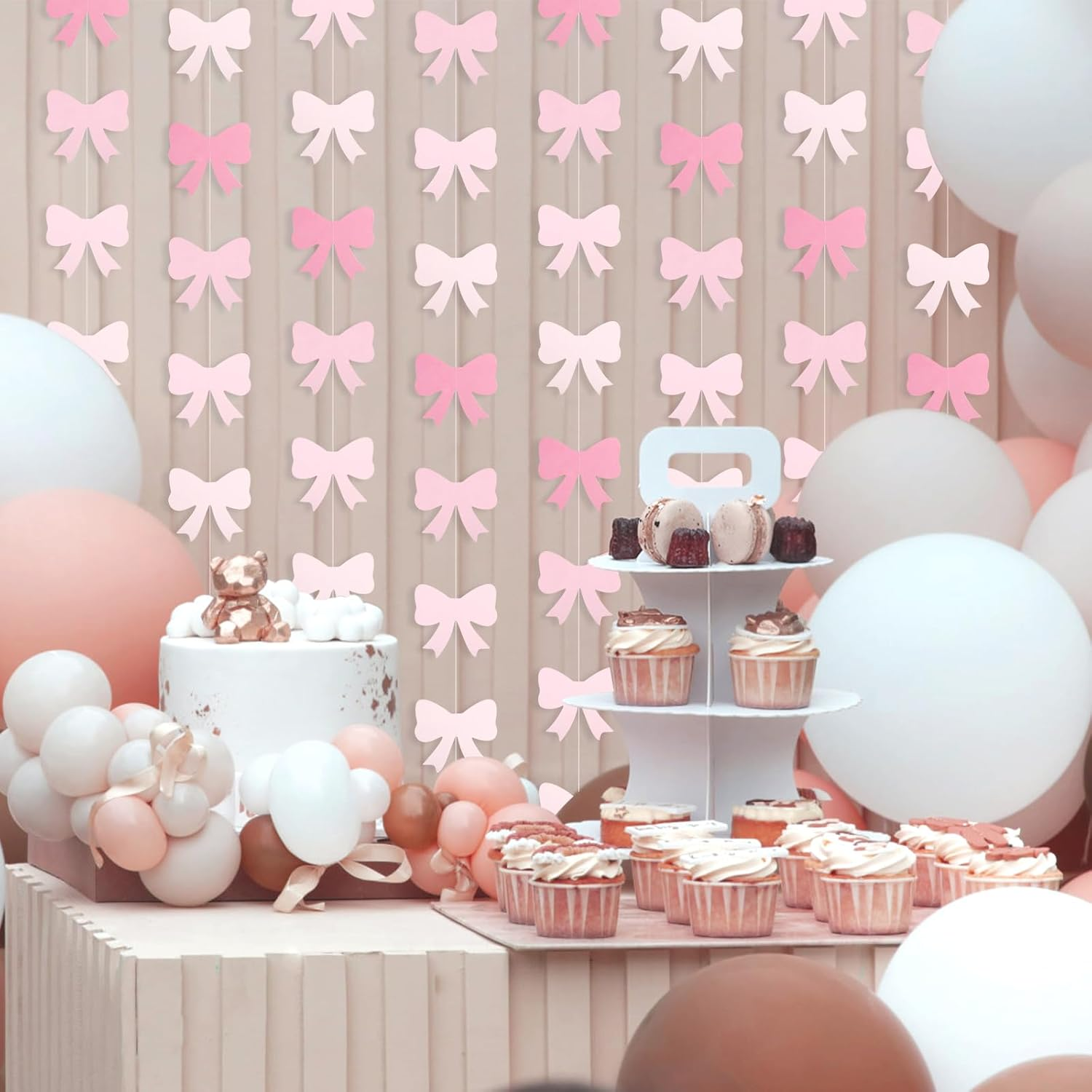 Gosknor 8Pcs Pink Paper Bow Banners, Party Decoration, Curved Shape, for Bow Theme Parties image number 6