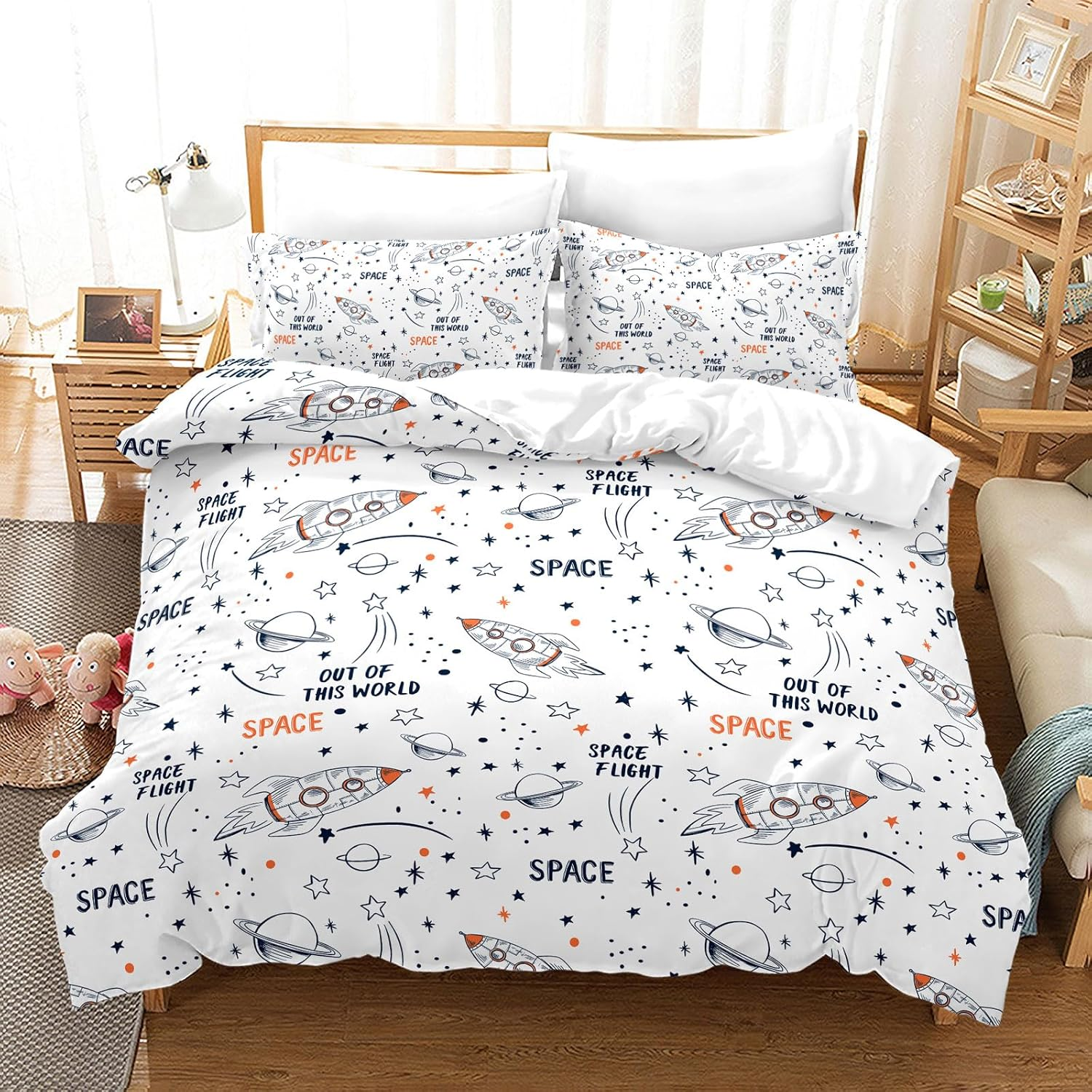 Space Bed Linen 220 X 240 Cm, Universe Planet Rocket Bedding Set Boys Girls Children White Blue Rocket Stars Planets Pattern with Pillowcase 50 X 75 Cm (B, 220 X 240 Cm)