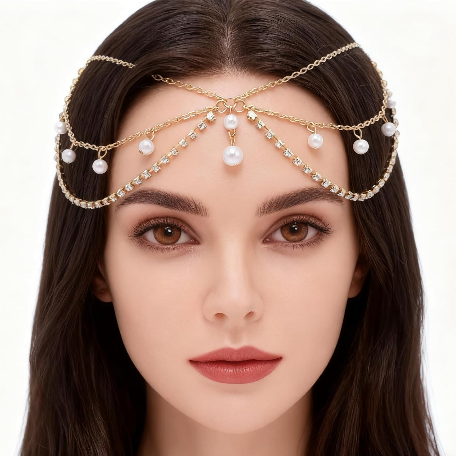 Gold Tassels Bridal Headpiece, Sequin Head Chain, Headpiece with Rhinestones and Pearls, Bridal and Wedding Accessories, for Weddings, Parties, Balls image number 5