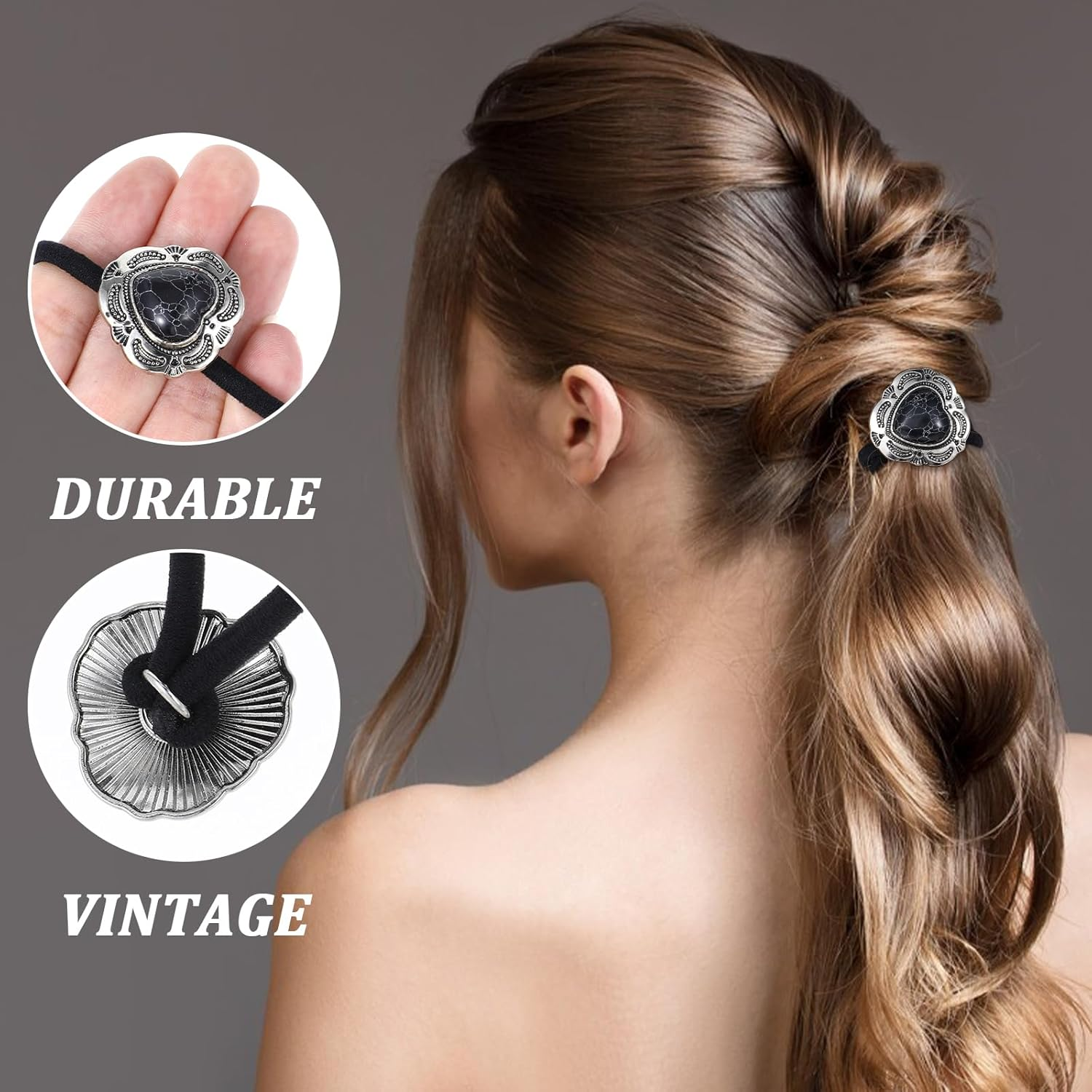 Ouligay 3 Pcs Western Ponytail Holders,Metal Boho Hair Ties with Turquoise,Boho Hair Ties Bracelet Hair Ties No Damage,Vintage Heart Hair Ropes,Silver Hair Bands,Hair Accessories for Women Girl image number 6