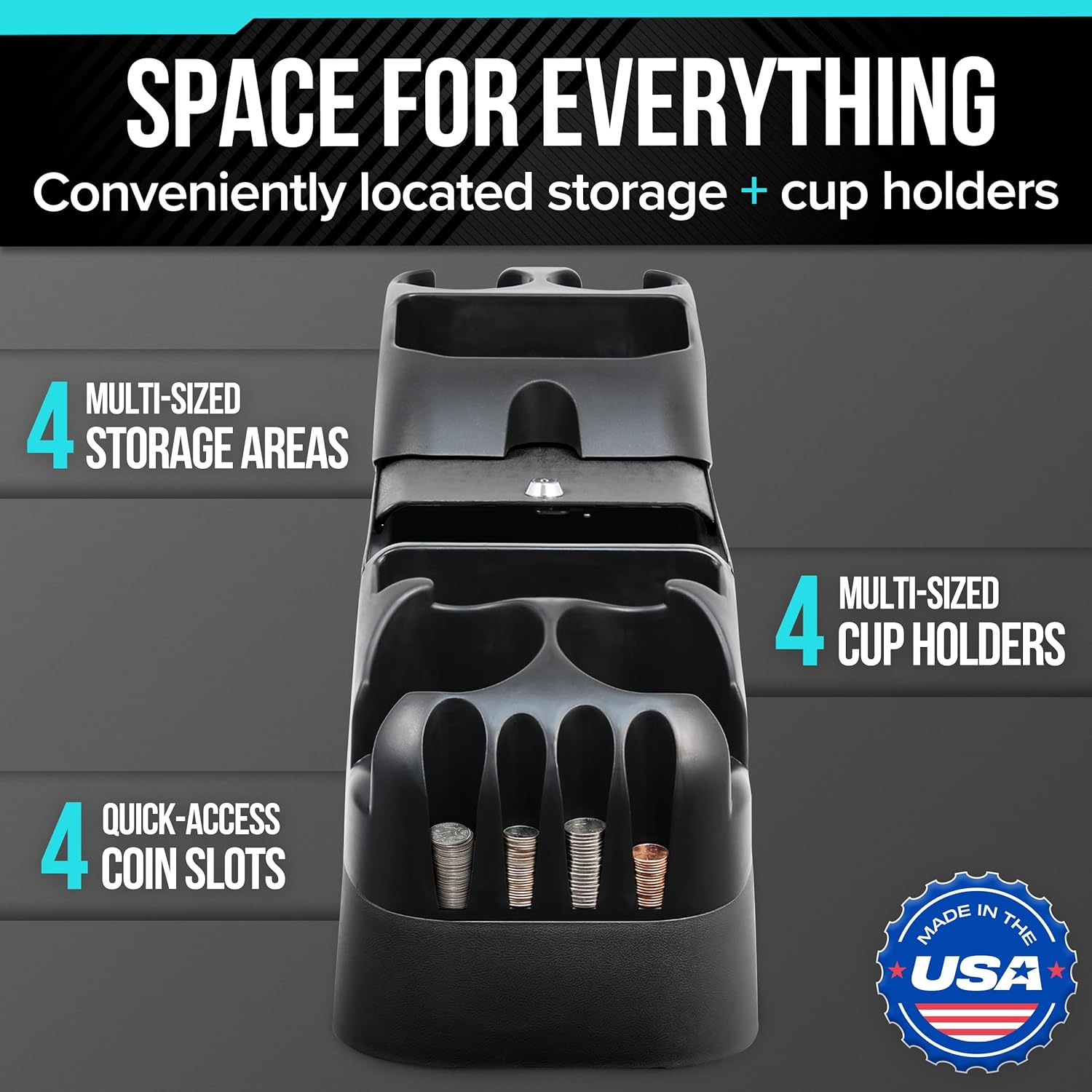 Center Console for Minivans, Suvs, Middle Van Console, Extra Cup Holders, Large Storage, Made in USA (Black) image number 1