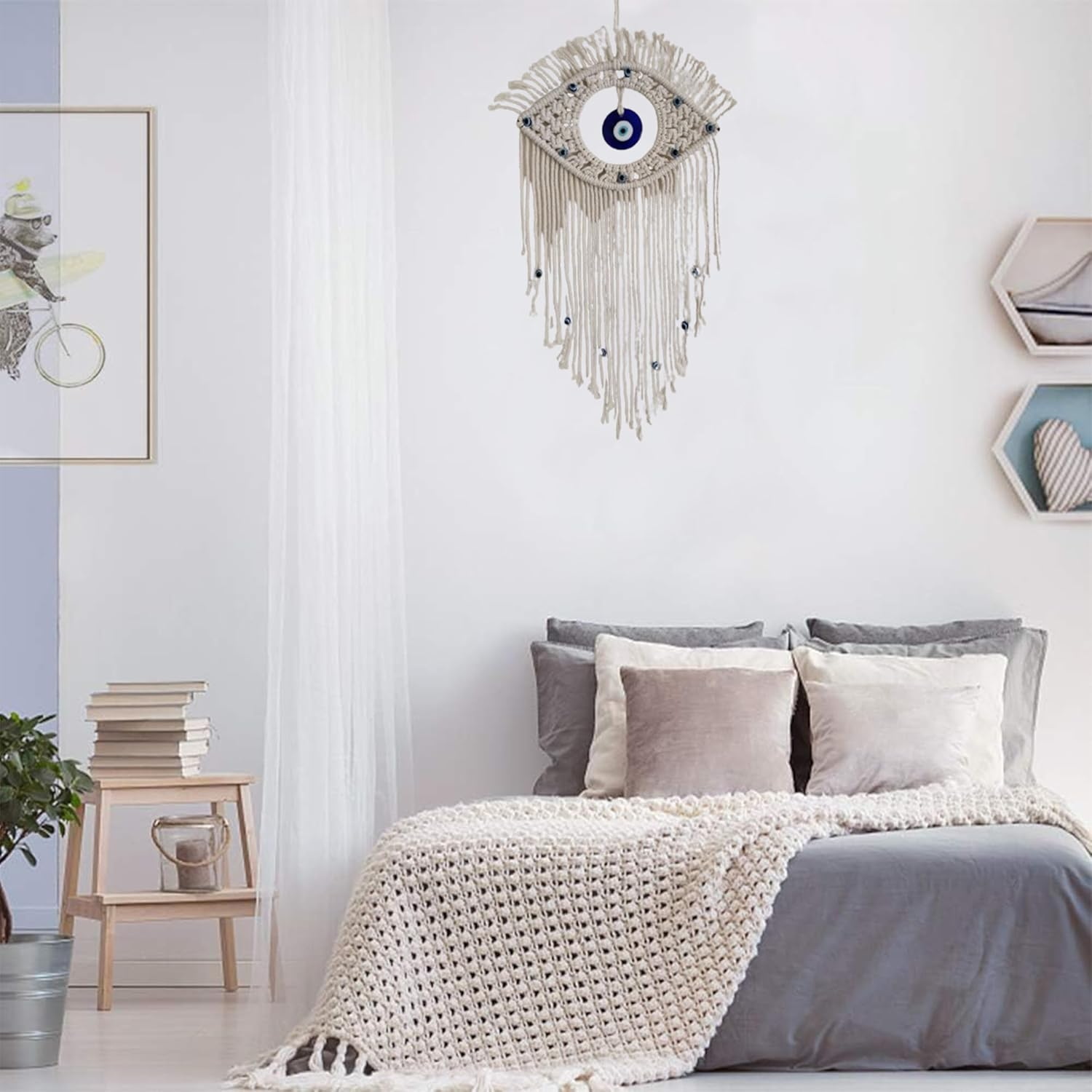 Bohemian Hand-Woven Blue & Evil Eye Wall Art|Artisan Macram&eacute; Bedroom/Dorm Decor|Protective Spiritual Hanging with Cotton Tassels|Boho Home Gift image number 5