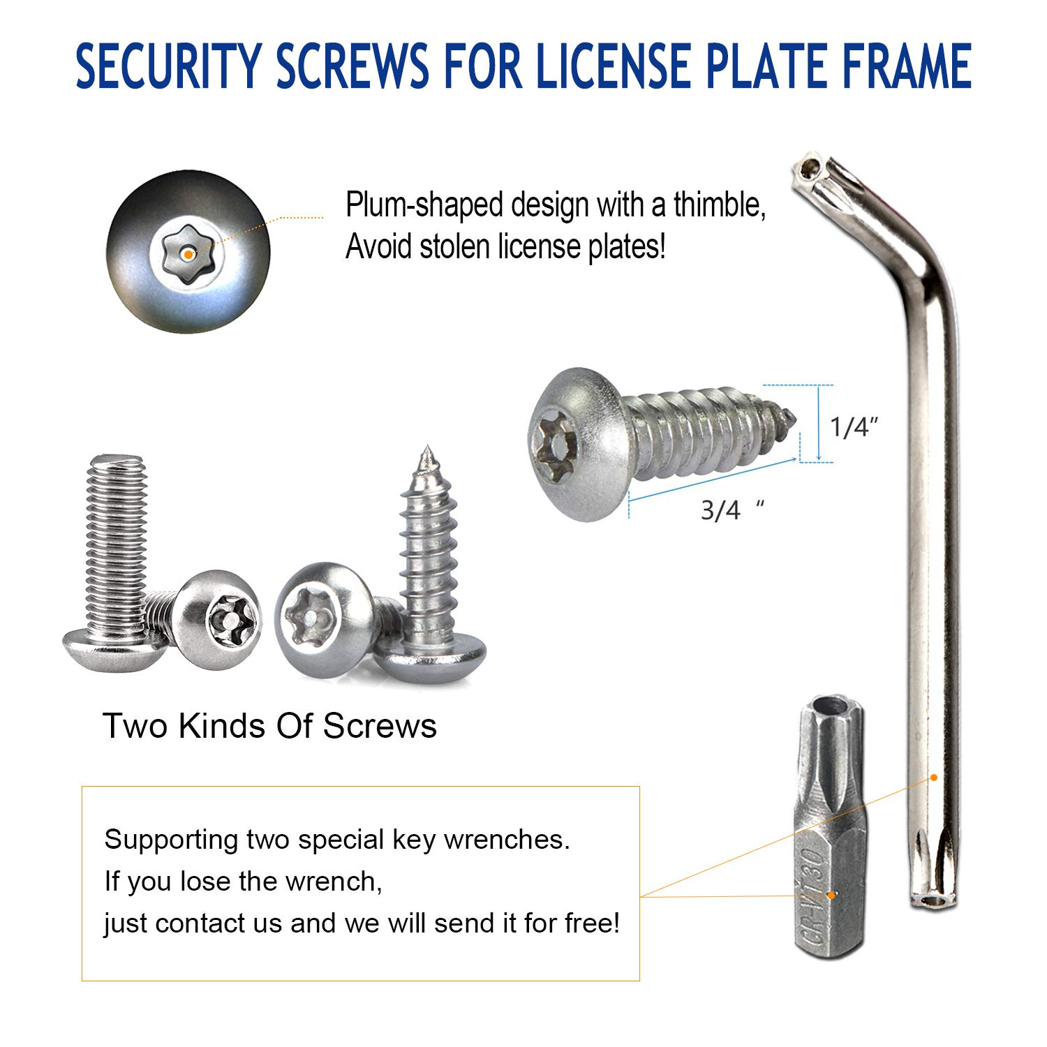 ZXFOOG anti Theft License Plate Screws- Stainless Steel Bolts Fasteners Kits for Car Tag Frame Holder, Tamper Resistant Mounting Hardware,1/4"(M6) Security Screw Set,Rust Proof,Chrome Screw Caps Cover - Chrome License Screws Caps image number 6