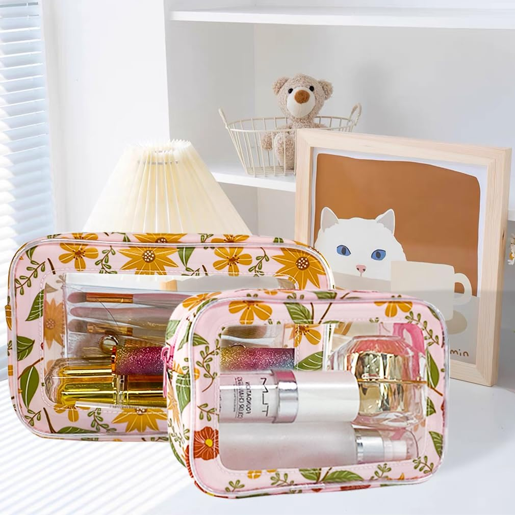 Toteprint Transparent Waterproof Cosmetic Bag Made of PVC with Floral Pattern, 21 X 13.5 X 7 Cm, Travel Organiser for Day Care, Men and Women, Red Flowers, Modern image number 1