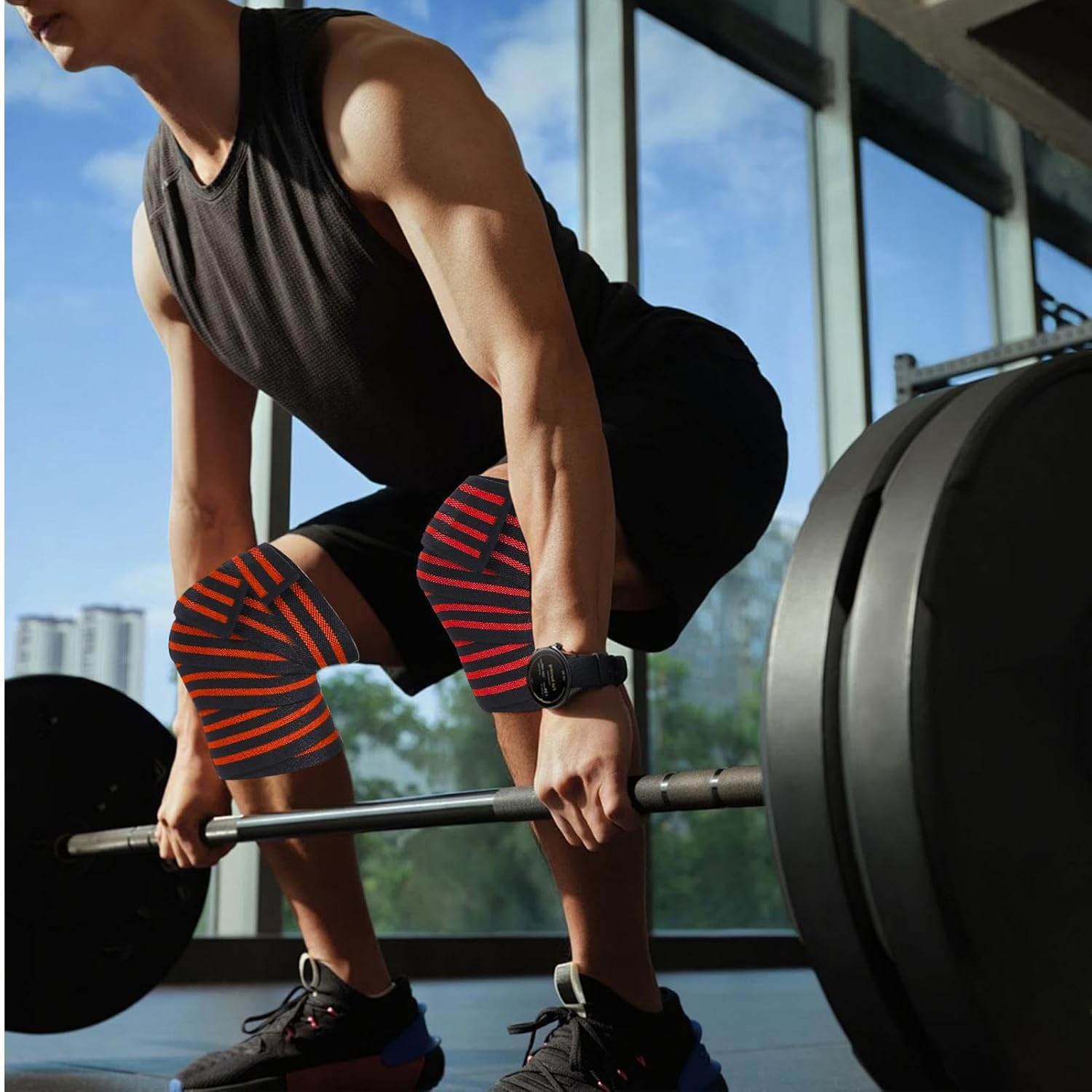 Gym Knee Support | Weight Lifting Knee Sleeves - Knee Straps, Gym Knee Brace, Elastic Knee Compression Sleeve for Men & Women - Orange1 image number 7