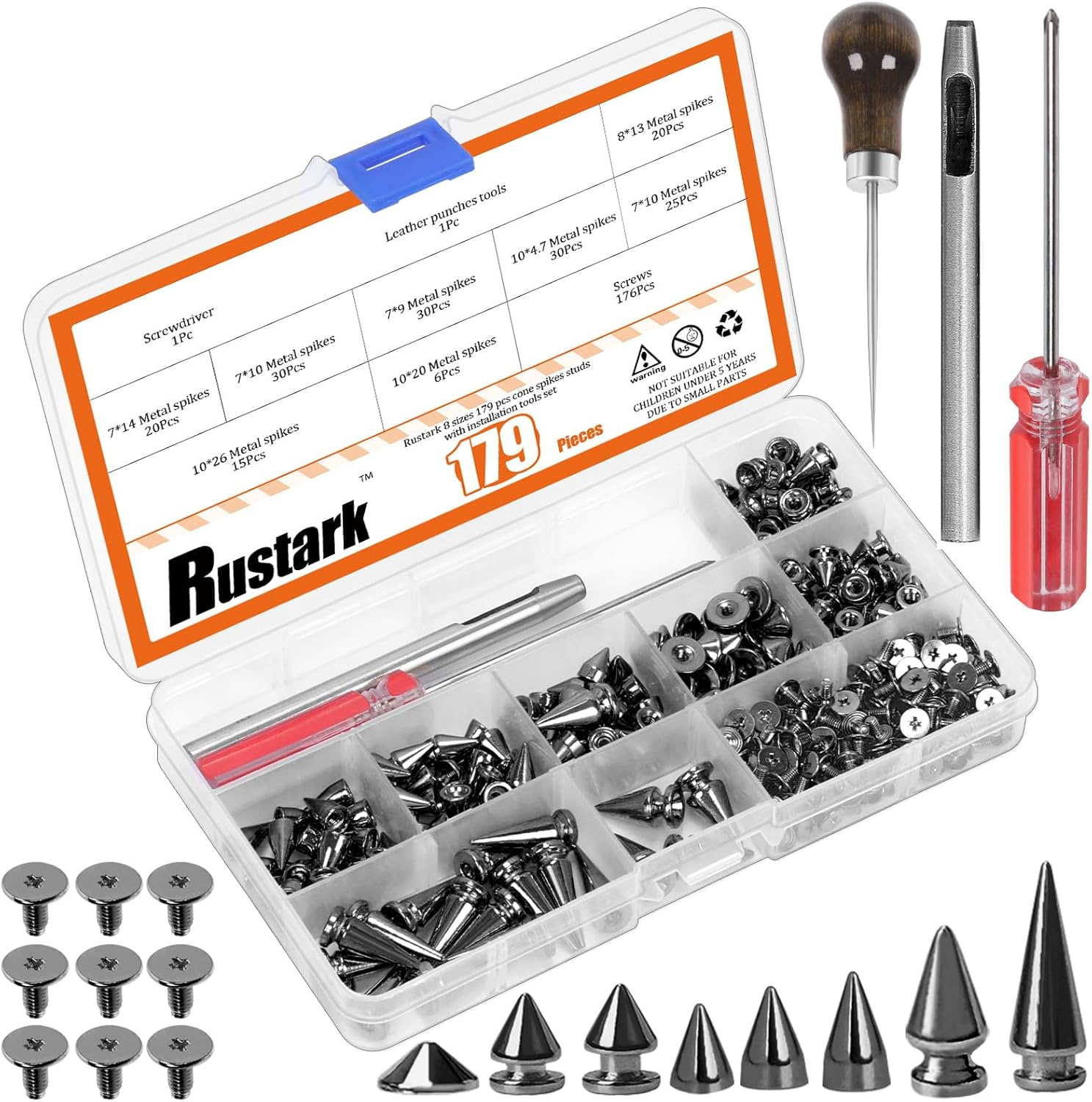 179Pcs 8 Sizes Antique Bronze Metal Punk Spikes and Studs Assortment Kit with Tools, Punk Rivet Studs Rivets Screw Screwback Studs Rivets for Punk Style Clothing Accessories Craft Decoration