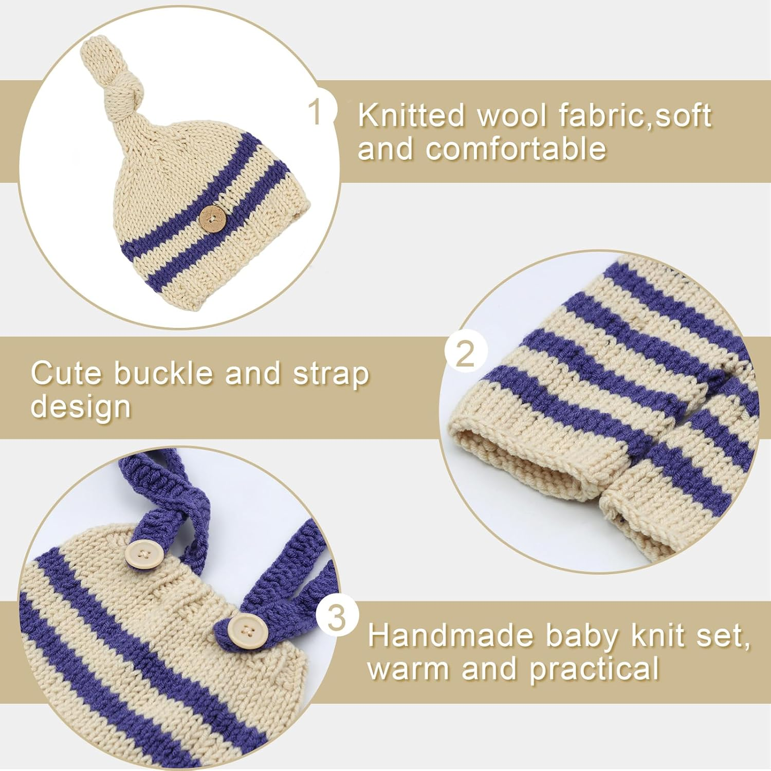 3 PCS Newborn Photography Prop Baby Hat Knitted Handmade Cover Diaper with Toddler Swaddle Blankets Wraps for Infant Boy Girl Princess Twins(0-3Months) image number 3