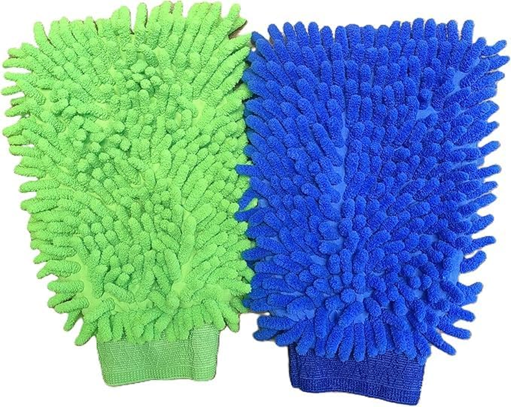 House Cleaning and Car Wash Mitts, Home Dusting Microfiber Gloves, Washing Clean Polish Faster (2-Pack, Green+Blue)
