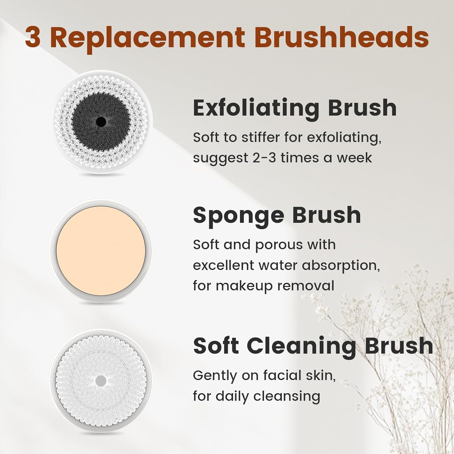 DOCOCO Face Scrubber, Dual Rotations Facial Cleansing Brush with 3 Brushheads, Spin Face Brush for Pore Deep Cleansing, Waterproof Rotating Cleanser for Gentle Exfoliating