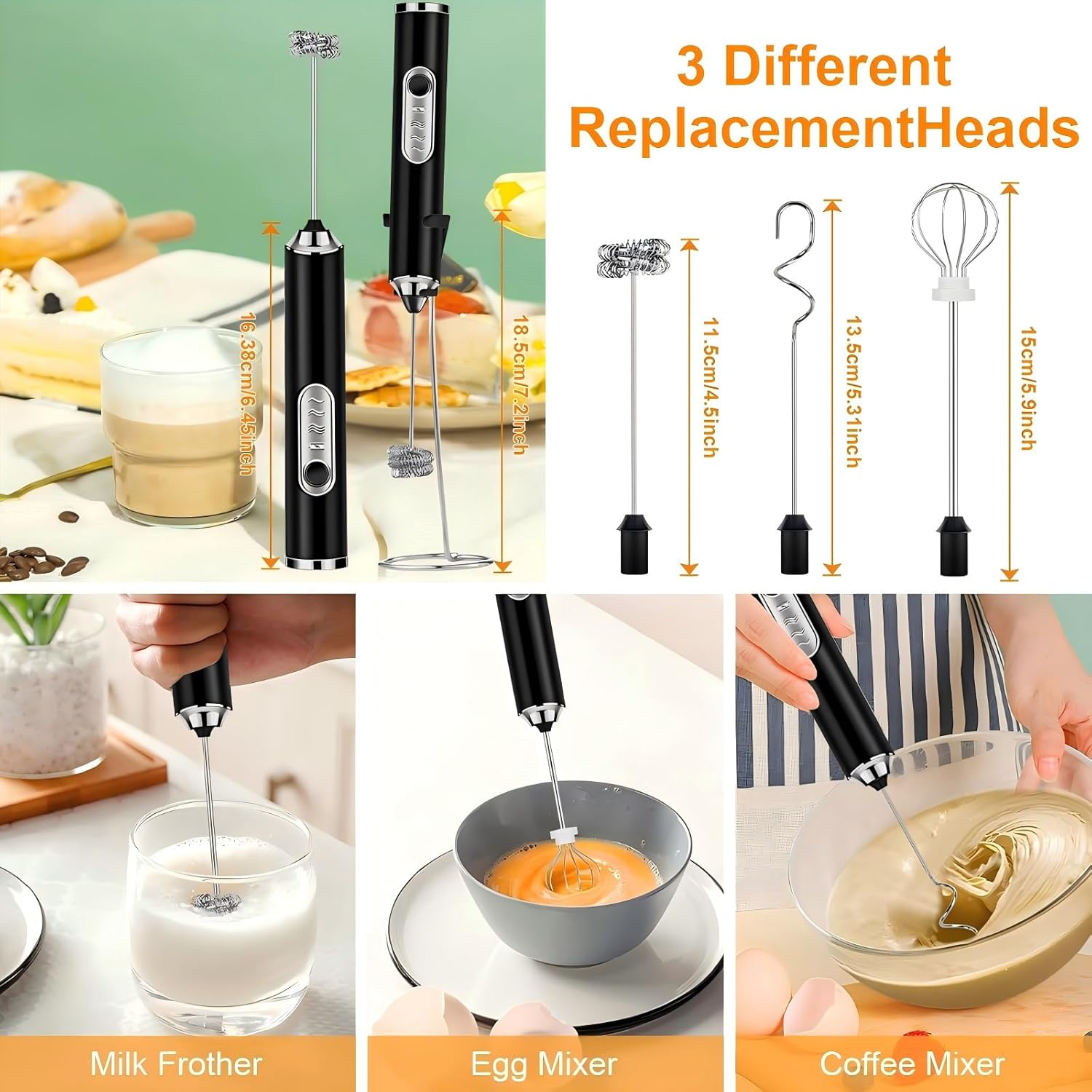 Kitchen Powerful Milk Frother, Rechargeable Milk Frother, 3-Speed Electric Handheld Frother for Coffee, Drink Mixer, Whisk Foam Maker for Coffee, Matcha, Hot Chocolate & Creamer - Black image number 5