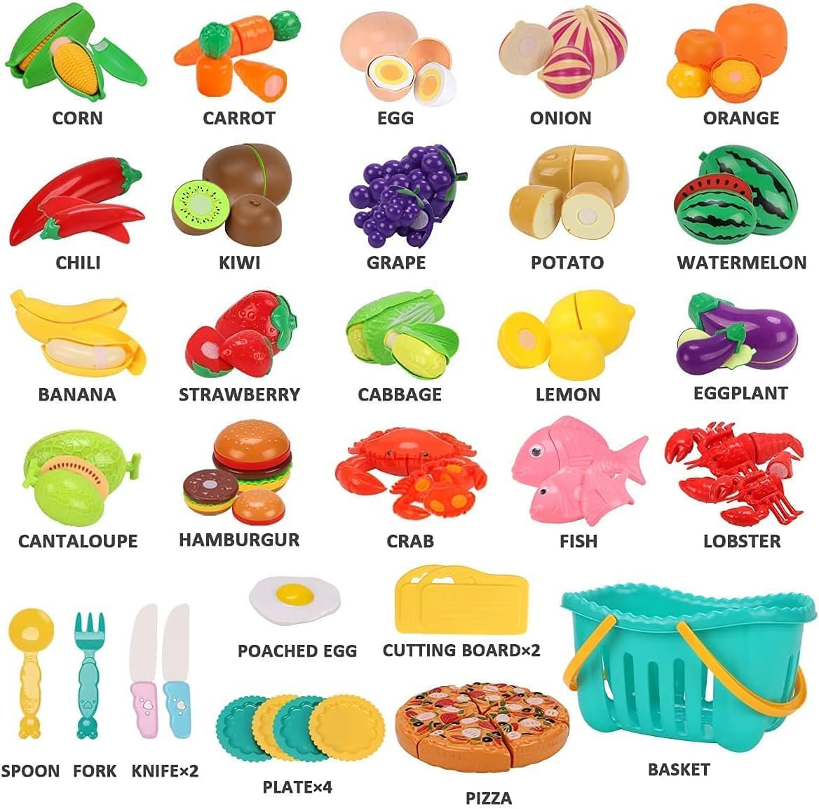 Kaekid Cutting Play Food Toys for Kids Kitchen, Pretend Role Play Toys with Basket, Preschool Educational Toy for Toddlers Boys Girls image number 1