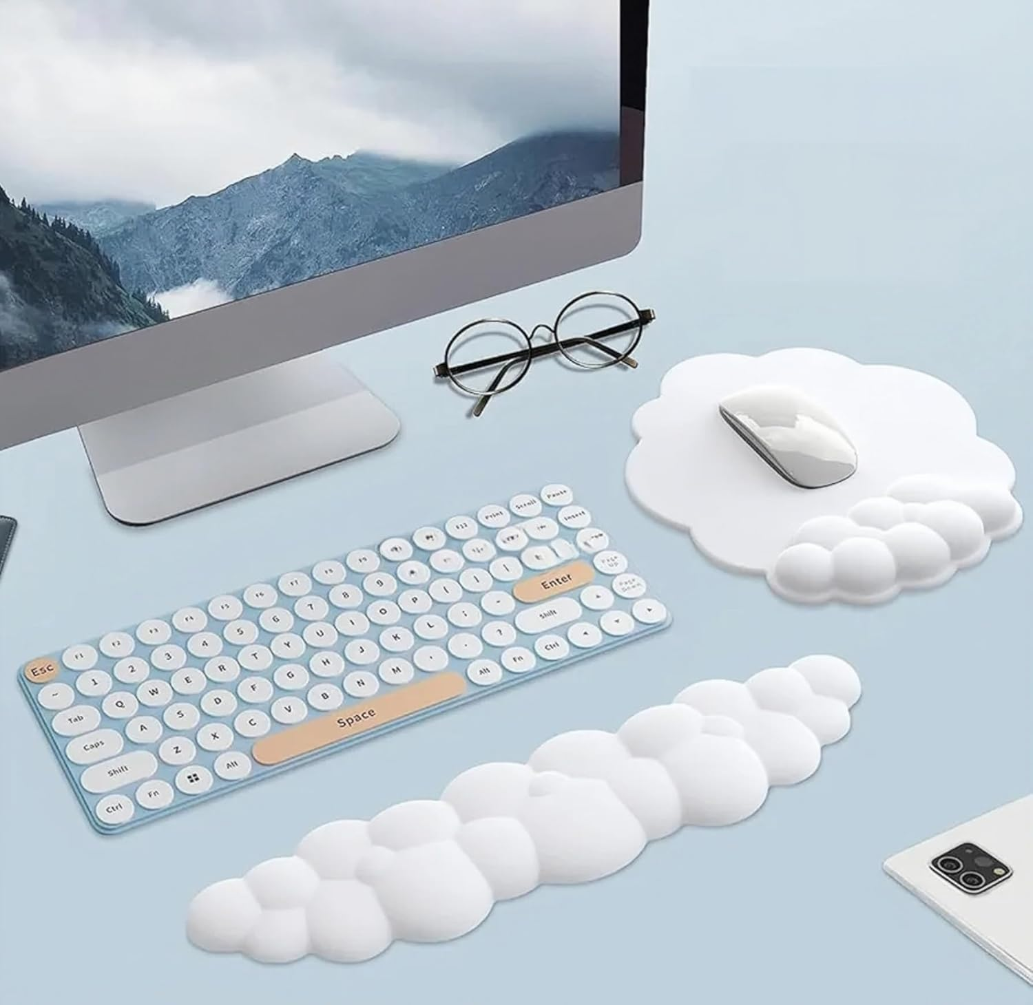 17'' Cloud Keyboard Wrist Rest, 2 Pcs Mouse Pad Wrist Support Keyboard Set with Ergonomic Memory Foam, Cloud Keyboard Anti-Slip Base, Computer Palm for Home Office Laptop Desktop (White)