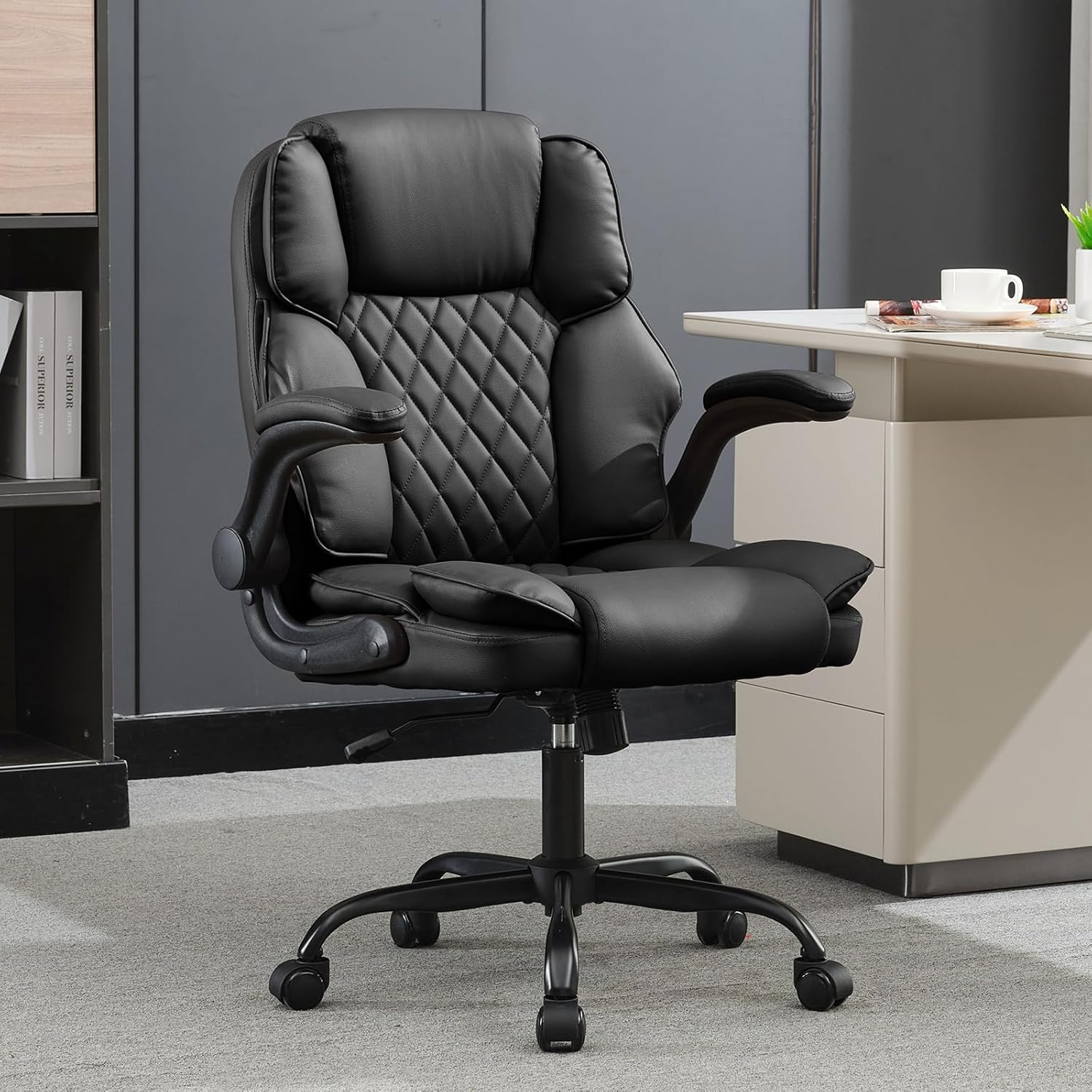 Okeysen Ergonomic Office Desk Chair, Mid Back Adjustable Executive Chair, Home Computer Desk Chair with Flip-Up Arms, 360&deg; Swivel Conference Room Chairs with Rocking Function (Black)