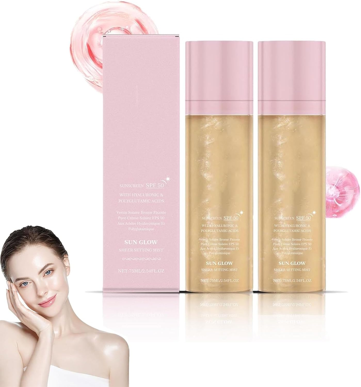 Sunglaze Sheer Setting Mist Sunscreen Spf 50, Spf Setting Spray with Non-Greasy Formula, Shimmer Sunscreen Spray for Water-Resistant Face & Bodyspray, Gives Skin a Glowy Finish Hydrating Mist (2Pcs)