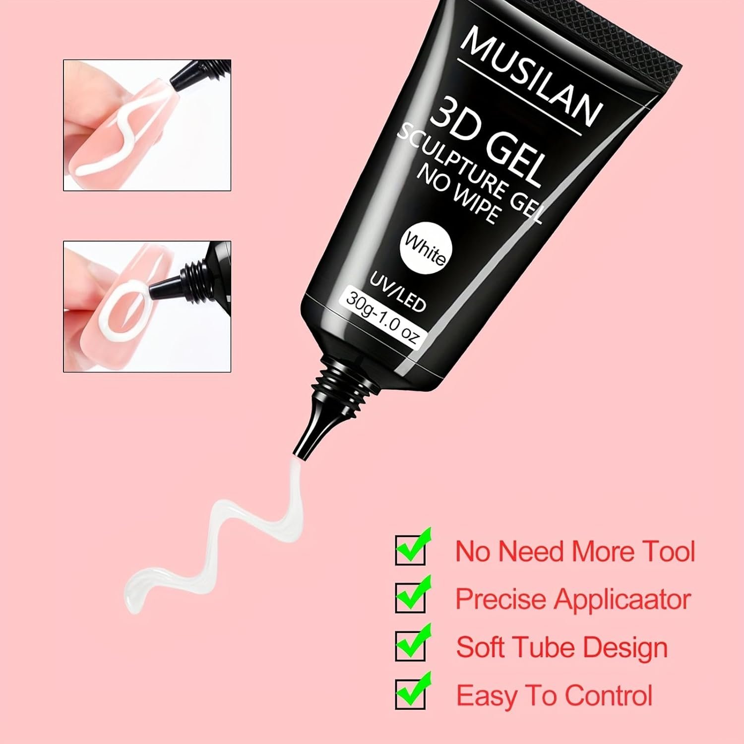 3D Nail Gel Art - 30G White Nail Sculpting Gel for Nails Tips,Molding, Drawing, Nail Charms & Gems, Chrome Powder and Rhinestone Design No Wipe, UV Curing Needed Salon & DIY Use image number 3