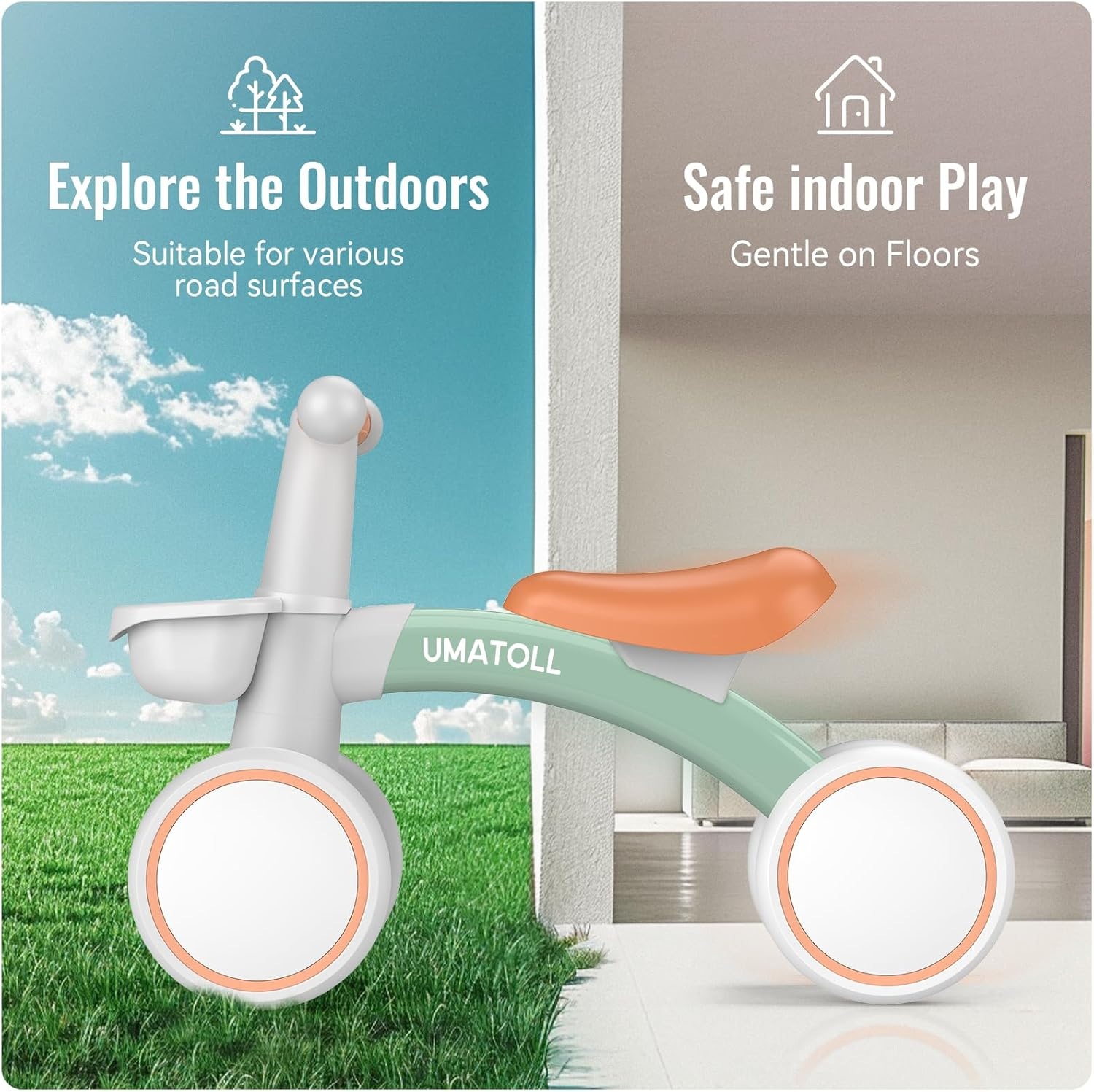 Umatoll Baby Balance Bike for 1 Year Old Boys Girls, 12-24 Months Toddler Balance Bike with Removable Basket, Adjustable Seat, 4 Wheels Infant Bike, First Birthday Gift - Green image number 6