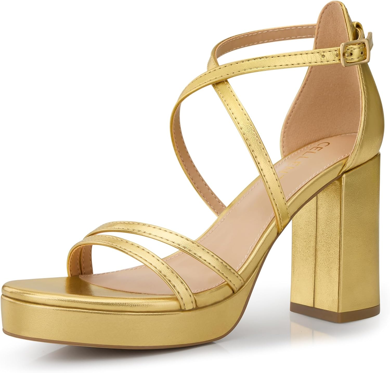 Women Strappy Platform Heels: 3.4 Inch Chunky Heeled Sandals, Comfortable Sexy Block High Heels, for Prom Party Bridal Wedding Black White Silver Nude Dressy Shoes image number 3