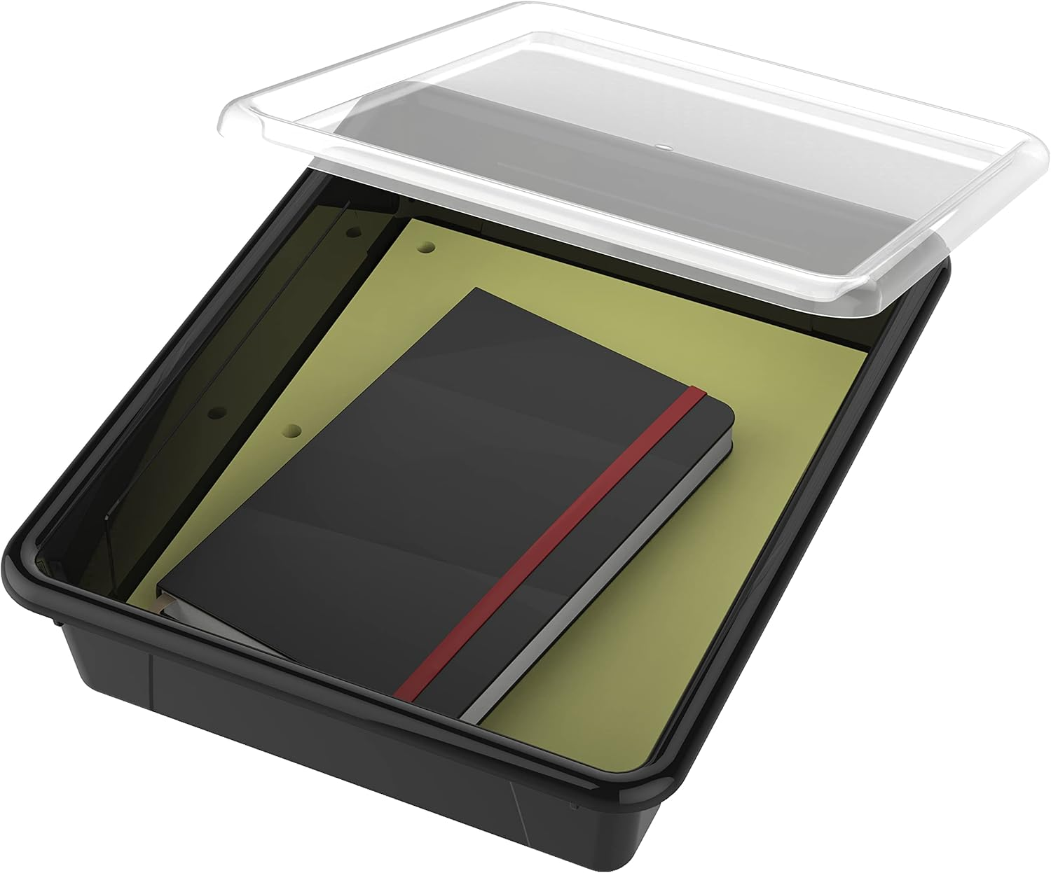 Storex Letter Size Flat Storage Tray &ndash; Organizer Bin with Non-Snap Lid for Classroom, Office and Home, Black, 5-Pack (62535A05C) image number 4