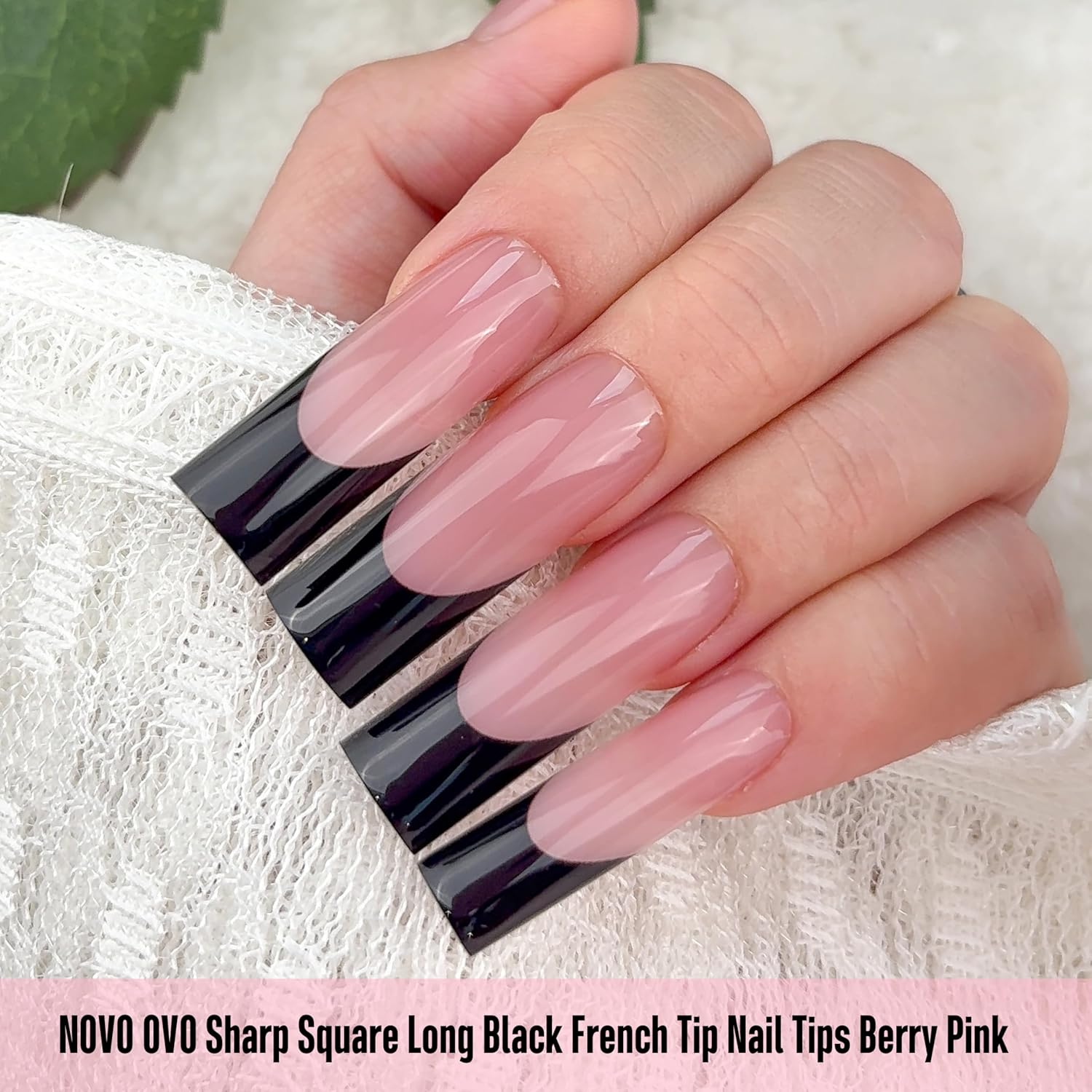 NOVO OVO Long Sharp Square Black French Tip Nail Tips Press on Berry Pink, Extra Thick Need Builder Gel & Top Coat & Glue, Soft Gel Extension Full Cover for DIY 15 Sizes, Pack of 180 image number 4