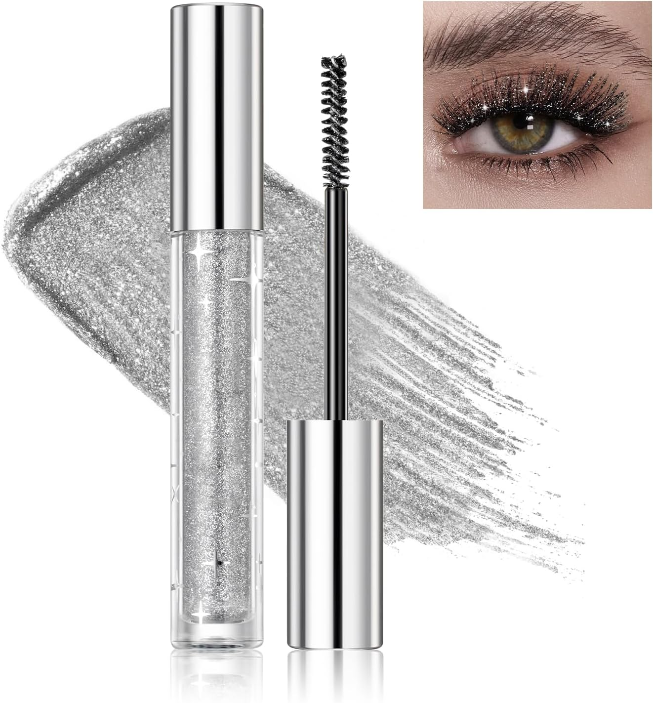 DAGEDA Silver Glitter Mascara, Quick-Dry Diamond Sparkly Mascara for Eyelashes, Long Lasting Curling Volumizing Mascara Makeup, Lightweight Colored Mascara Makeup Suitable for Party,Stage,Festival