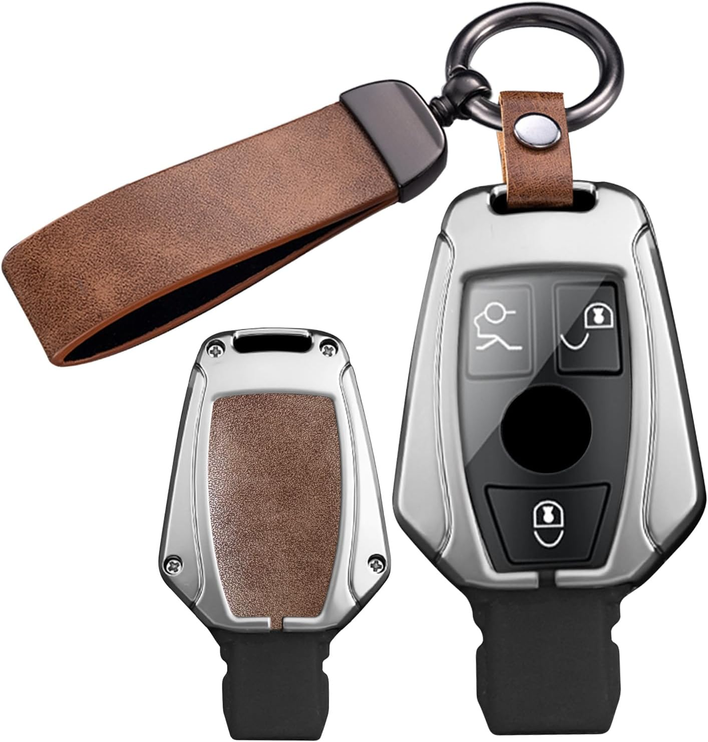 Ontto Metal Leather Car Key Fob Cover Fit for Mercedes Benz A/B/C/E/G/S Class GLA GLC GLE GLK GLS CLA CLE CLS AMG E200 W177 Smart Key Holder Case Keyring Shell Bag Keychain Auto Accessories Black B
