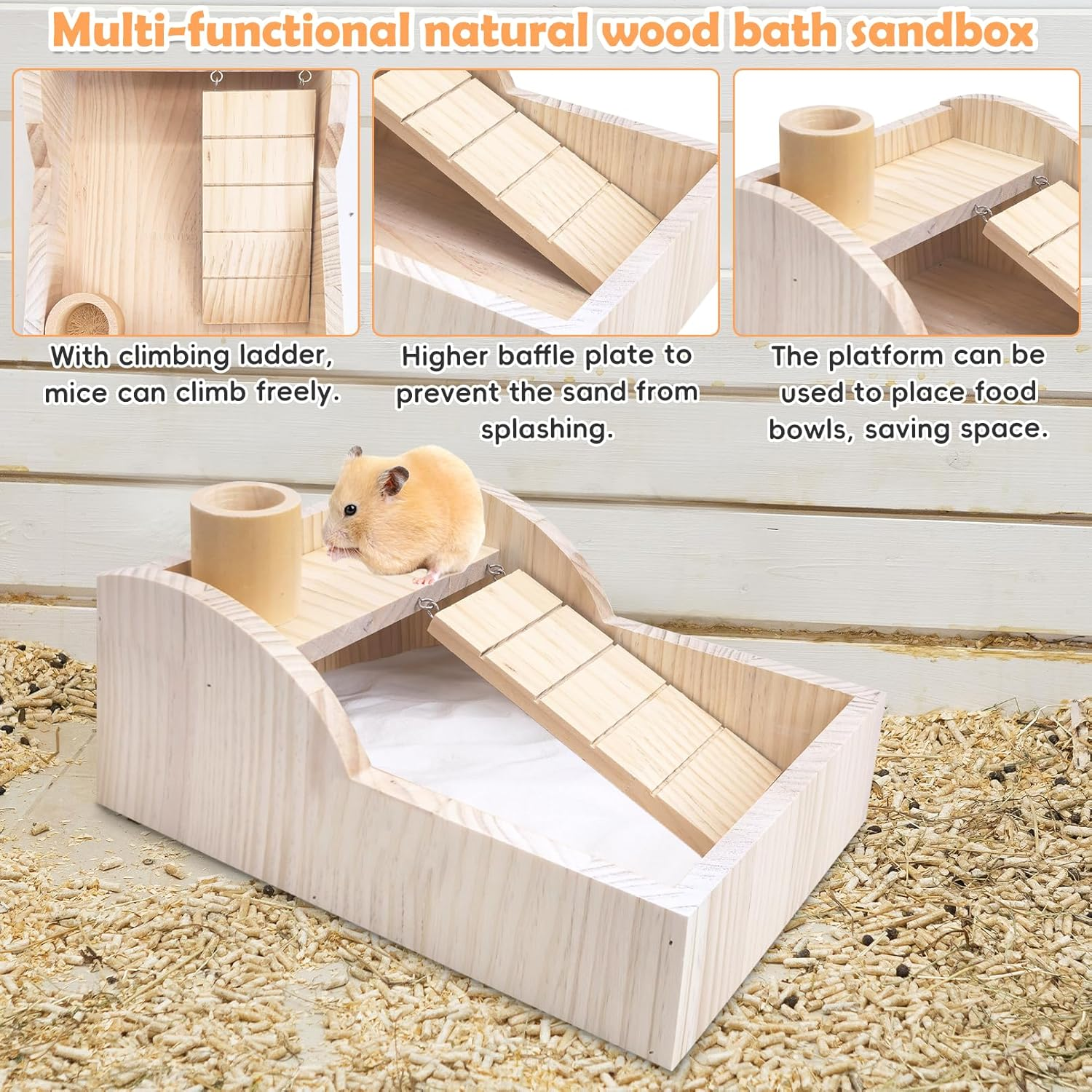 PINVNBY Hamster Sand Bath Box Wooden Shower Room Digging Sand Bathtub Container with Climbing Ladder Bowl Bathroom for Dwarf Syrian Mice Mouse Gerbils and Other Small Animals