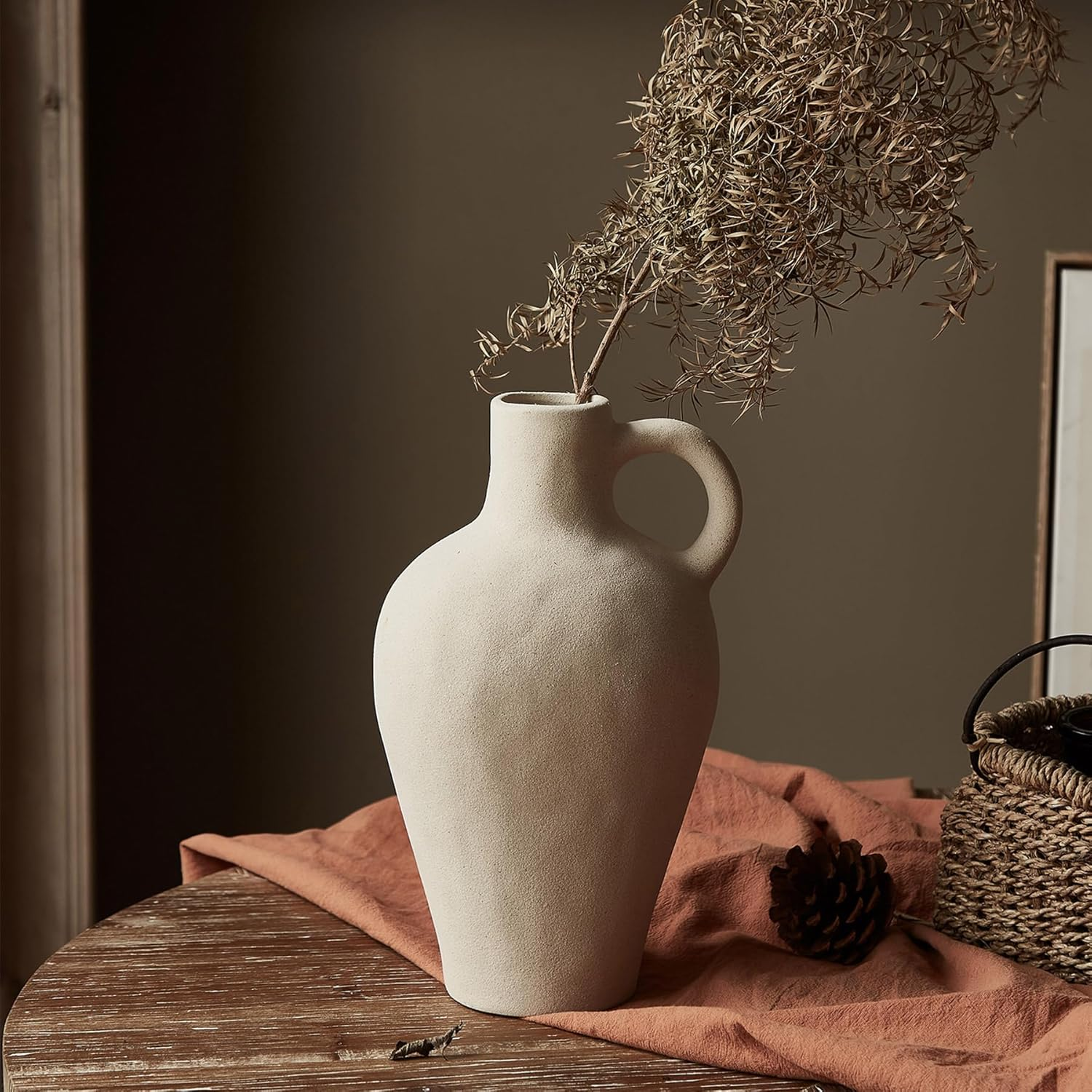 Ceramic Rustic Vase Farmhouse Decor: Beige Pitcher with Handle - Vintage Flower Terracotta Stoneware Jug - Matte Pottery Home Decor for Shelf, Mantel, Centerpiece, Table Decorations - 2 Handles 8.6" image number 4