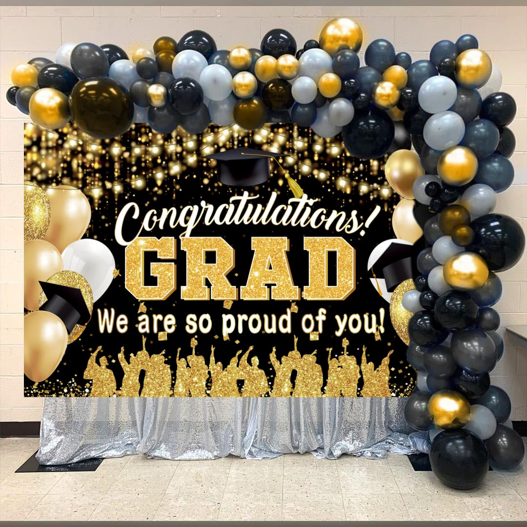 Yuanbigtai Graduation Background Banner 78" X 45" Extra Large and Black Gold Backdrop Congrats Grad We Are Proud of You Cap Diploma Party Decorations Supplies for Indoor Outdoor Photo Booth Props