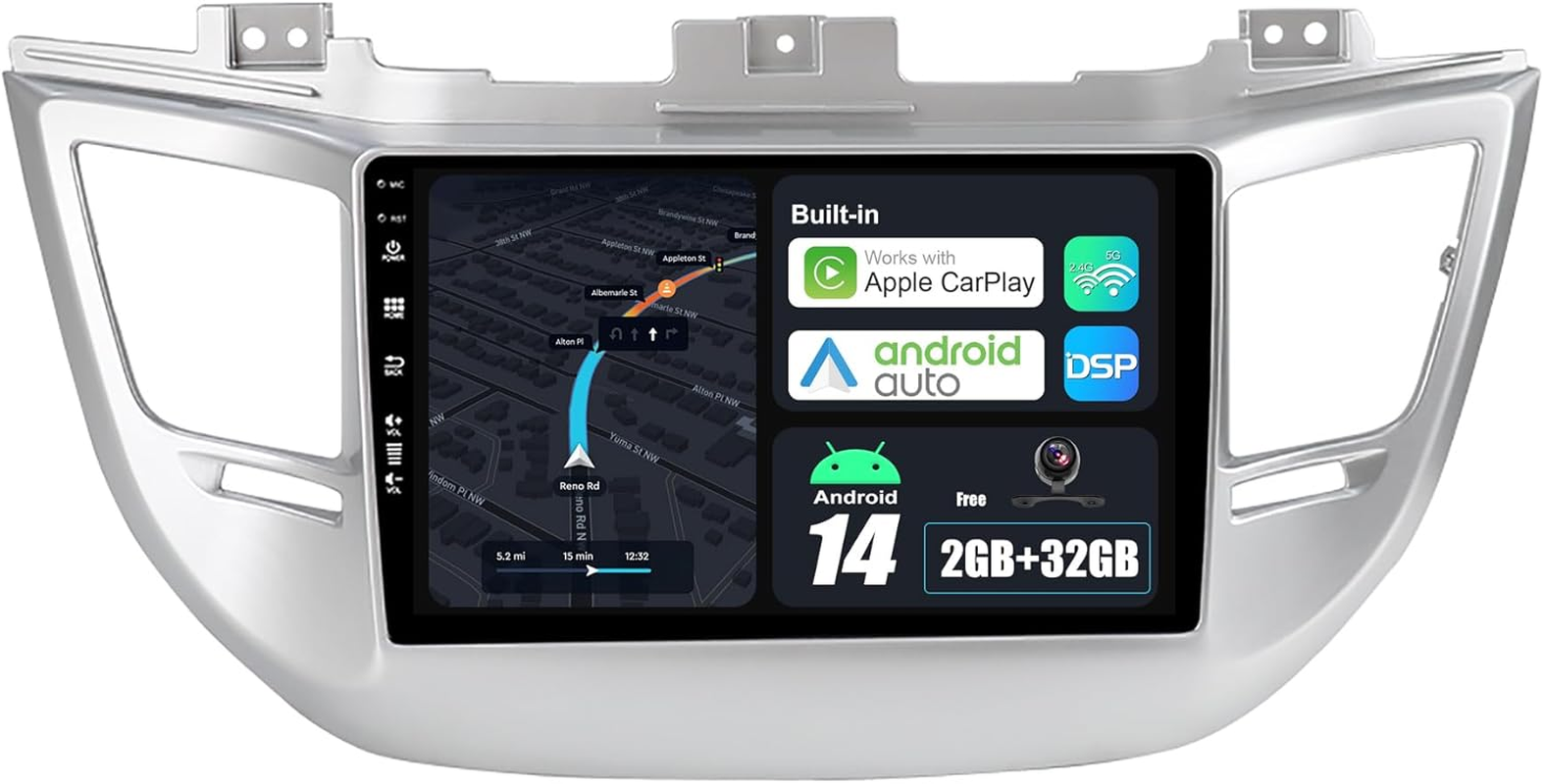 Android 14 IPS Car Stereo for Hyundai Tucson (2014-2018) - 2G+32G - Wireless Carplay/Android Auto - Rear Camera Free - 9 Inch 2 Din - DAB Steering Wheel Fast-Boot DSP Bluetooth Wifi GPS Navi image number 2