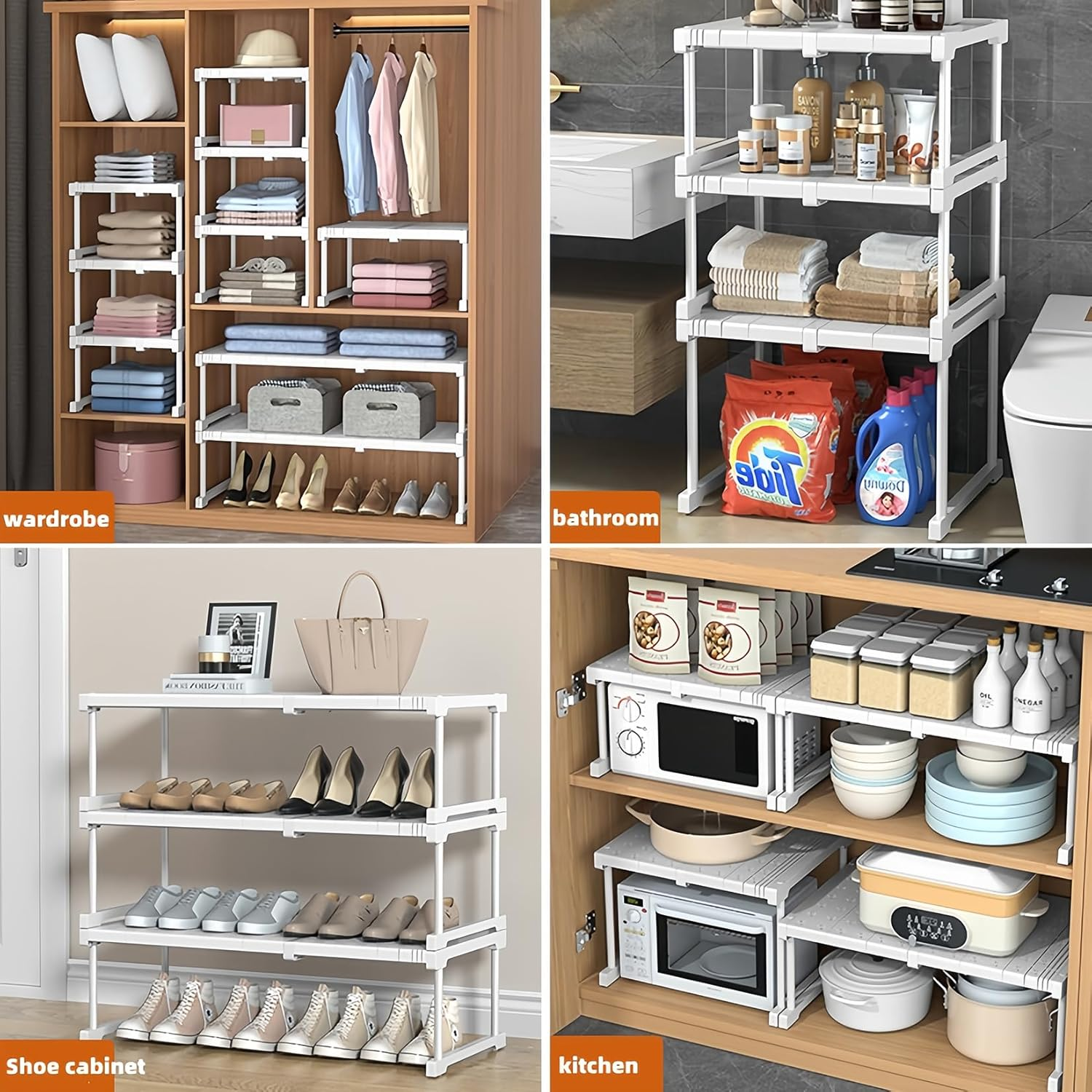 Ssumght Stackable Closet Shelf Expandable Clothes Storage Rack Pantry Cabinet Organizer Wardrobe Divider Separator Stand Shoe Racks for Bathroom, Kitchen (3 Pcs,((67-88) X 42 X 32Cm)