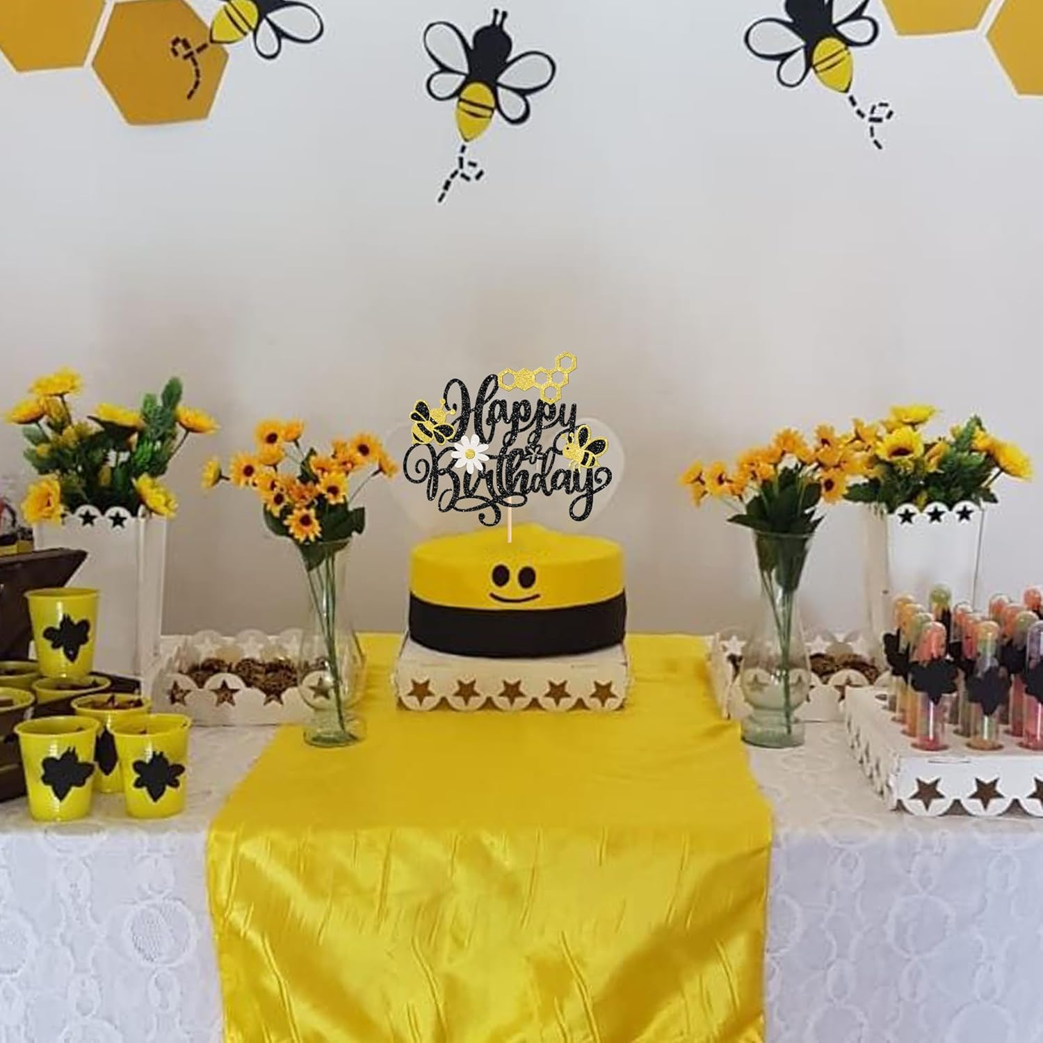 SYKYCTCY 1 Pack Bee Flower Happy Birthday Cake Topper Glitter Honeycomb Cake Pick for Bee Theme Baby Shower Kids Birthday Party Cake Decorations Supplies Black image number 5