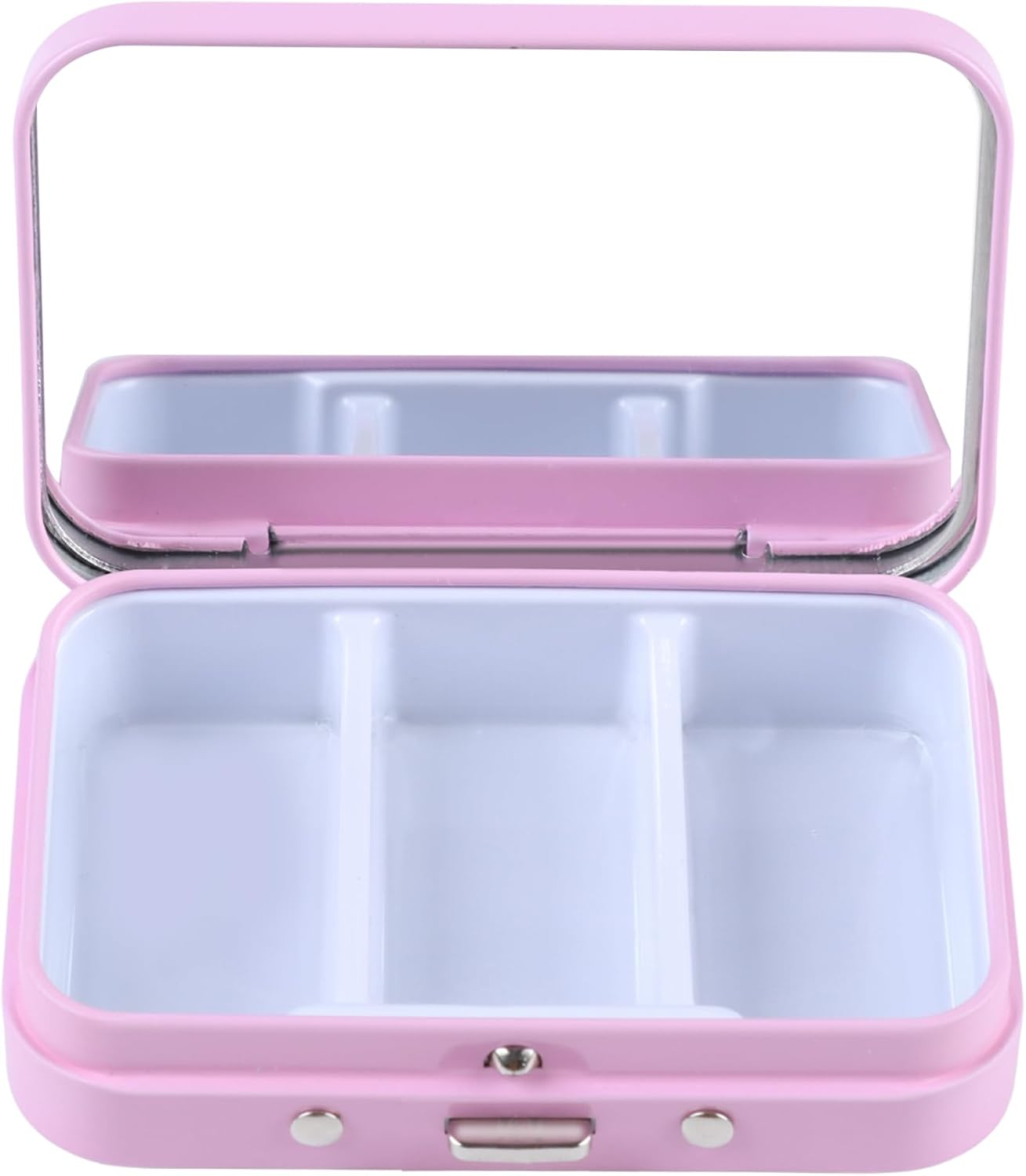 2Pcs 3 Compartments Pill Case with Mirror, Portable Metal Medicine Pill Organizer Small Pill Box Vitamin Pill Holder for Pocket, Purse, Travel (Pink) image number 2