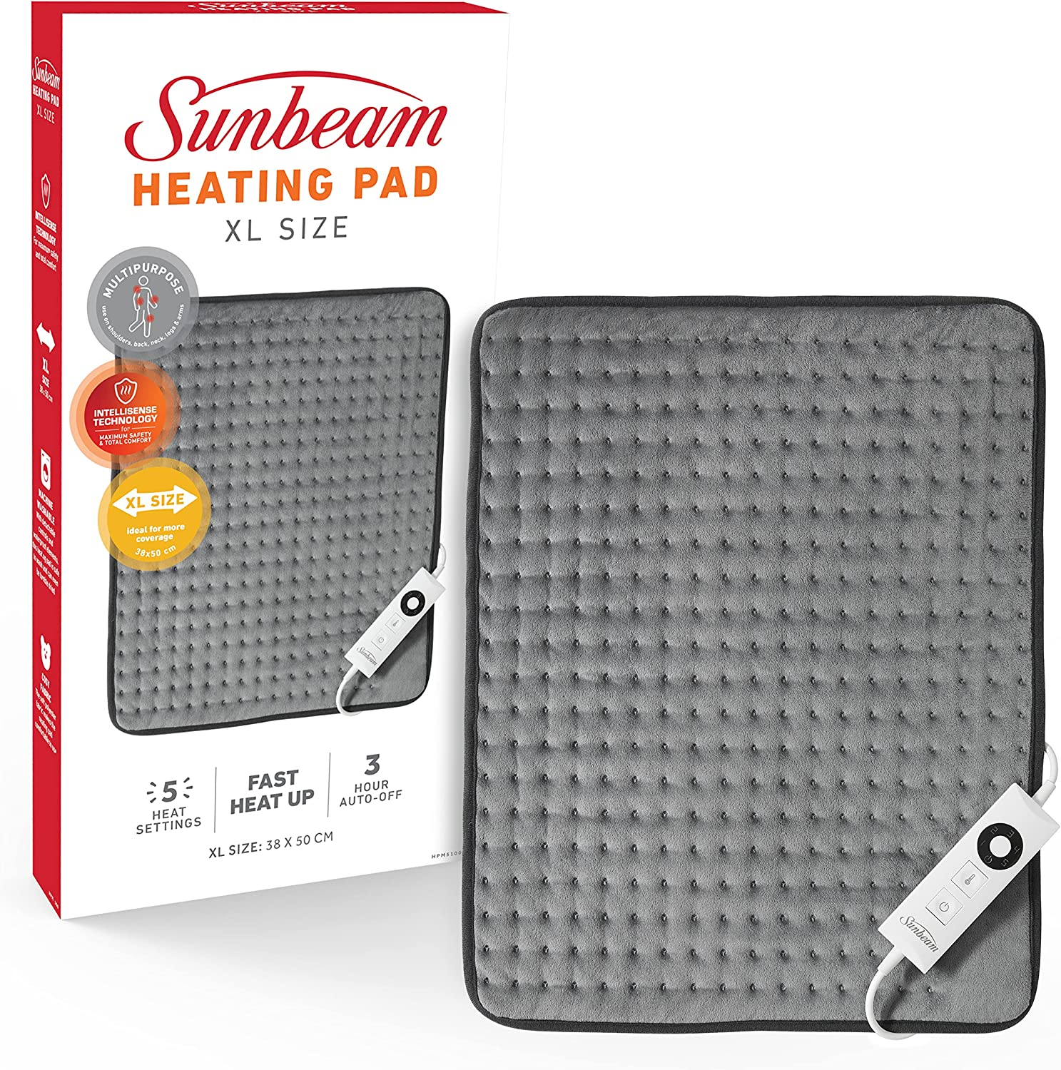 Sunbeam Multipurpose Electric Heating Pad XL |38X50Cm, Wide Coverage, 5 Heat Settings to Soothe Muscles, Fast Heat-Up, Consistent Temperature, Soft Washable Fabric, Wellness Product, Grey (HPM5100) image number 2