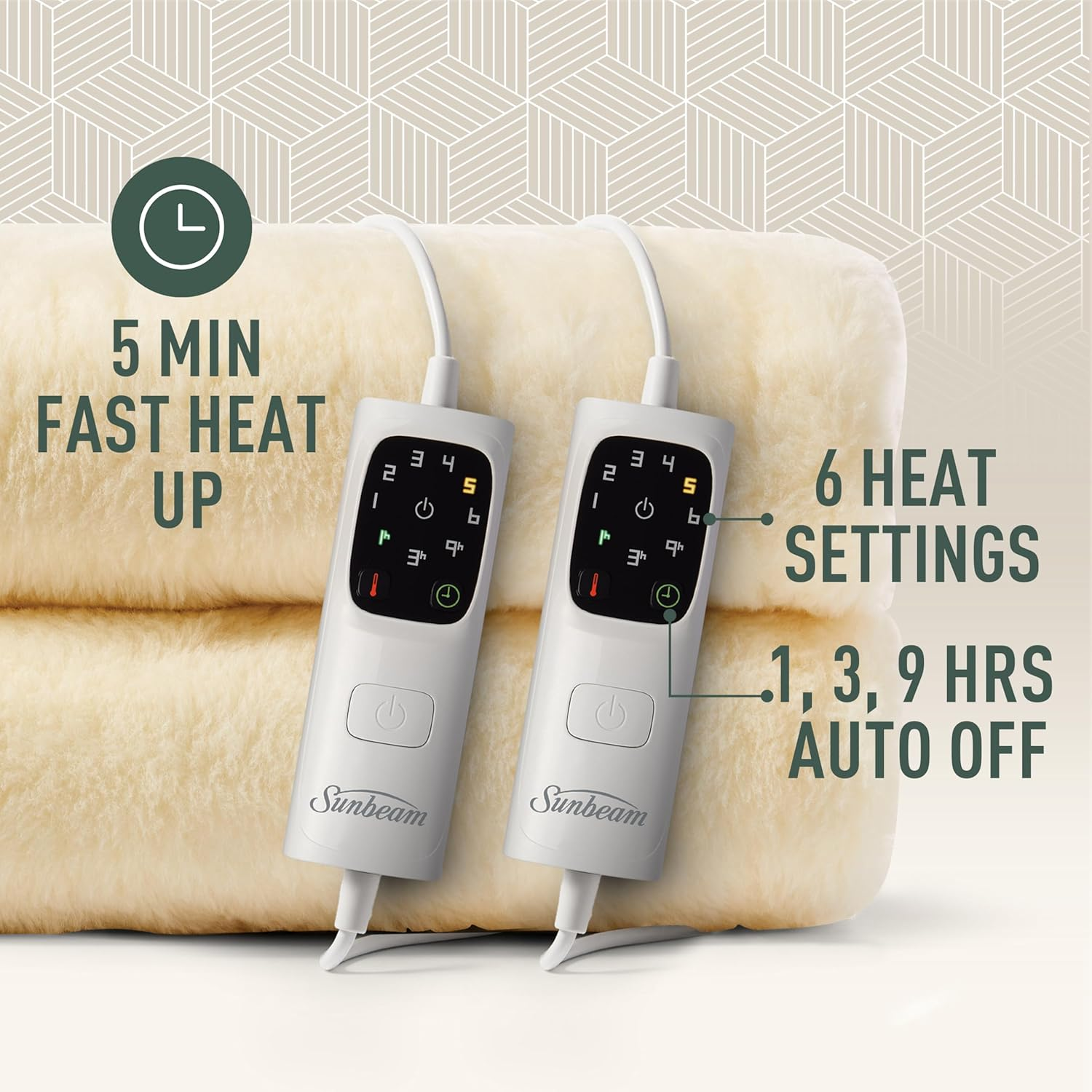 Sunbeam Sleep Perfect Wool Fleece Electric Blanket Queen | 100% Australian Wool, Fully Fitted, Antibacterial, Washable Dual Controls, Auto-Off Timer with Overheat Protection BLW6651 image number 5