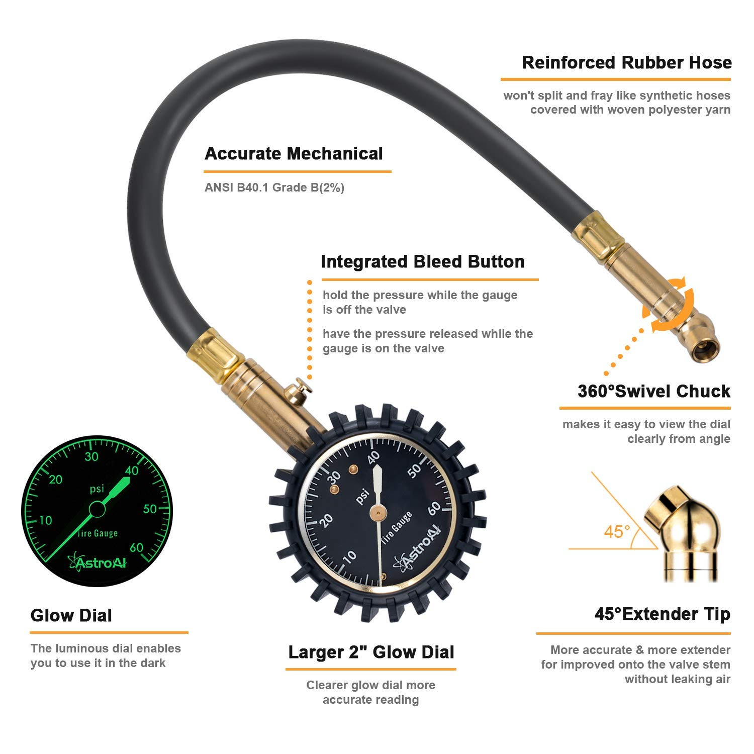 Astroai Tire Pressure Gauge, 60 PSI Heavy Duty, Certified ANSI B40.1 Accurate with Large 2" Easy to Read Glow Dial, Durable Rubber Hose and Solid Brass Construction for Car Truck Motorcycle Tire image number 5