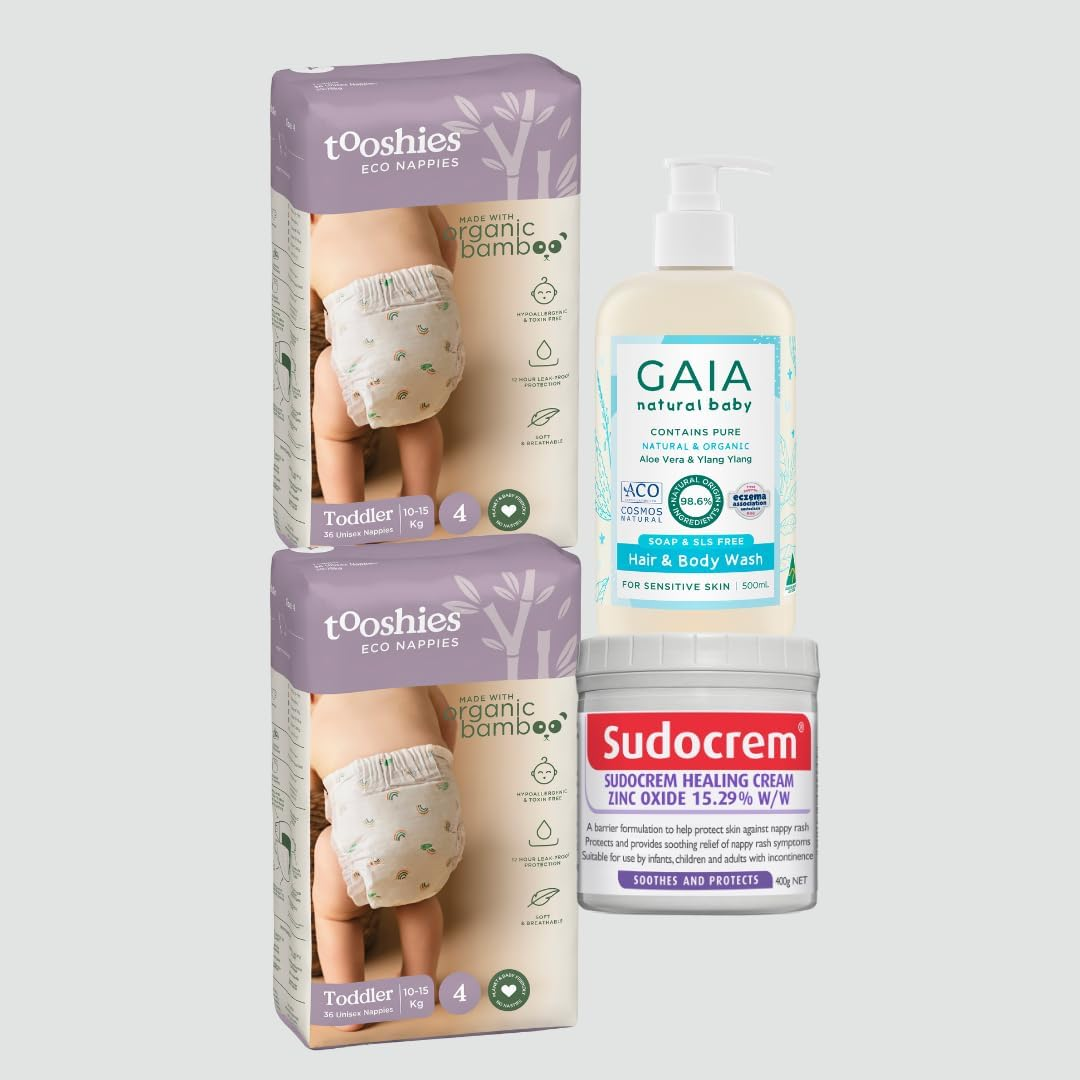Tooshies Eco Nappies Size 4 Toddler 10-15Kg, 72 Count, White + Sudocrem Healing Cream 400G + GAIA Natural Baby Hair and Body Wash 500Ml