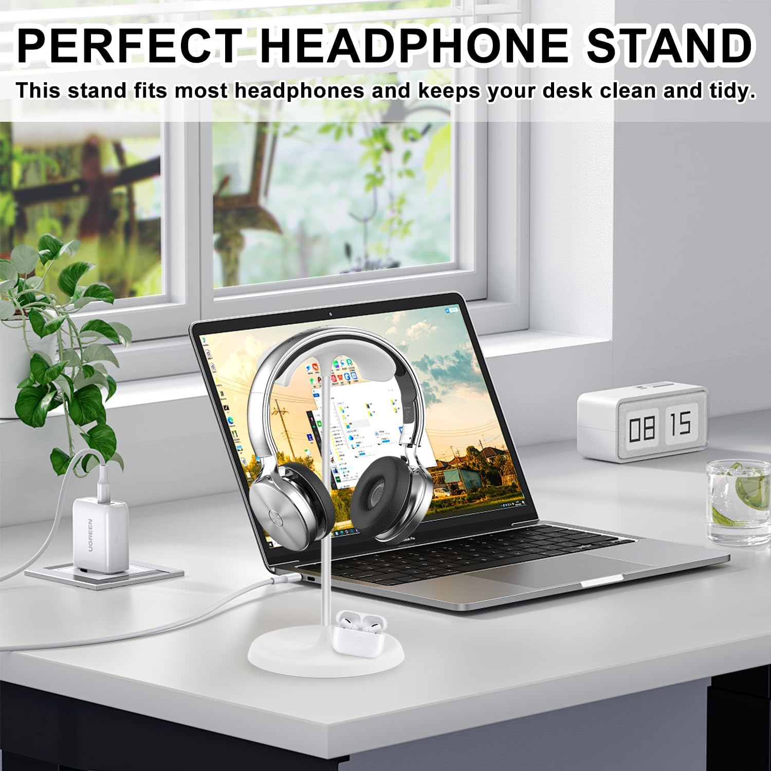 Headphone Stand,Aluminum Headset Stand,Curved Headset Stand with Storage Tray,Heavy Base Gaming Headset Holder,Sturdy Desk Headset Mount Rack for All Headphone Sizes (White)