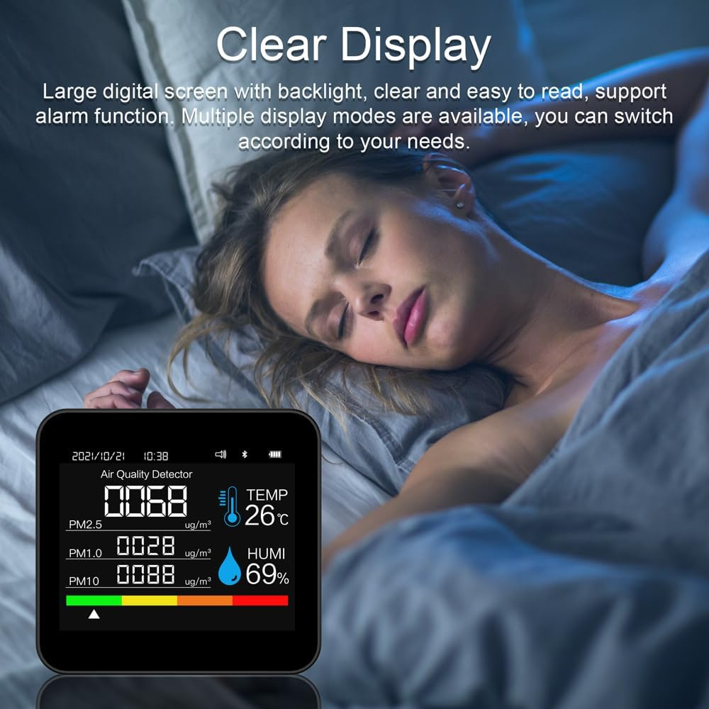 Nurdo 9 in 1 BT Air Quality Monitor CO2 Meter Carbon Dioxide Detector Time/Date CO2 TVOC HCHO PM2.5 PM1.0 PM10 Temperature Humidity Detection Support APP Control with Alarm Function image number 2