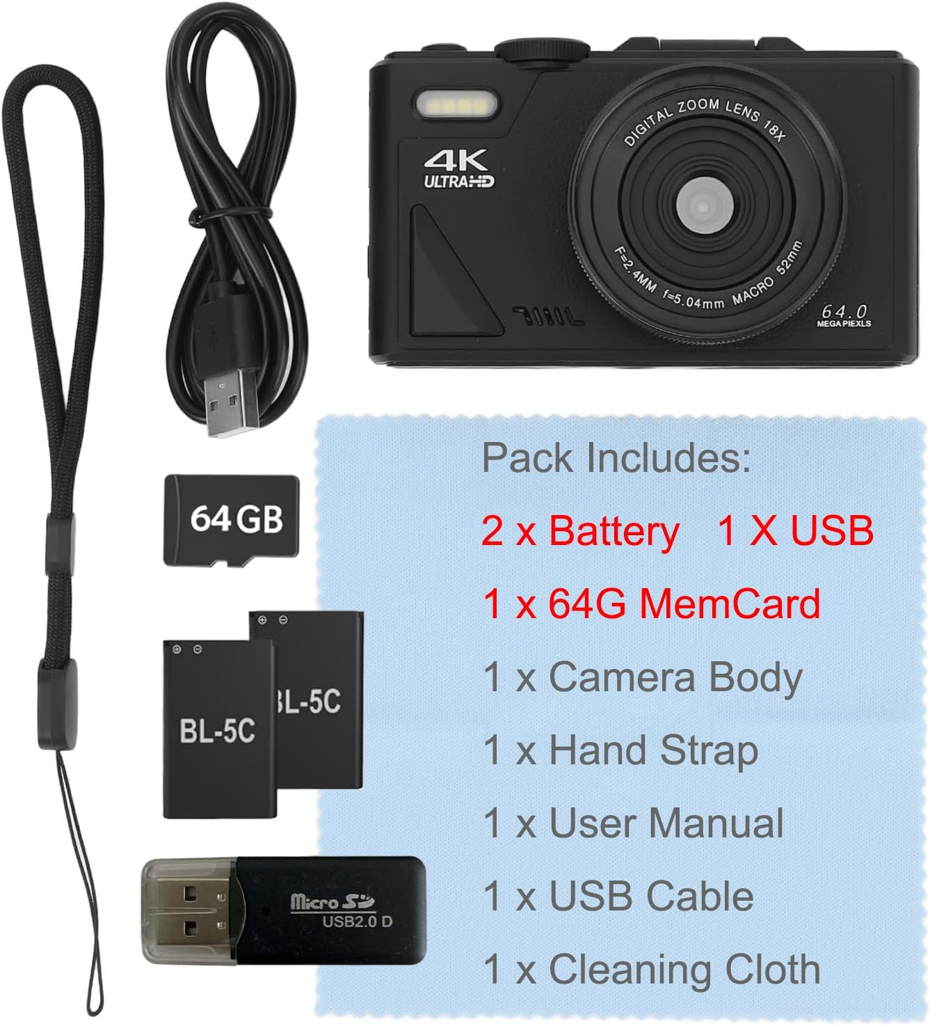 Digital Camera for Photography, 4K 5K Vlogging Cameras Youtube 3" 180&deg; 64MP Flip Screen 18X Digital Zoom Compact Tiktok Camera 64GB TF Card 2 Batteries, USB (Black) - White image number 3