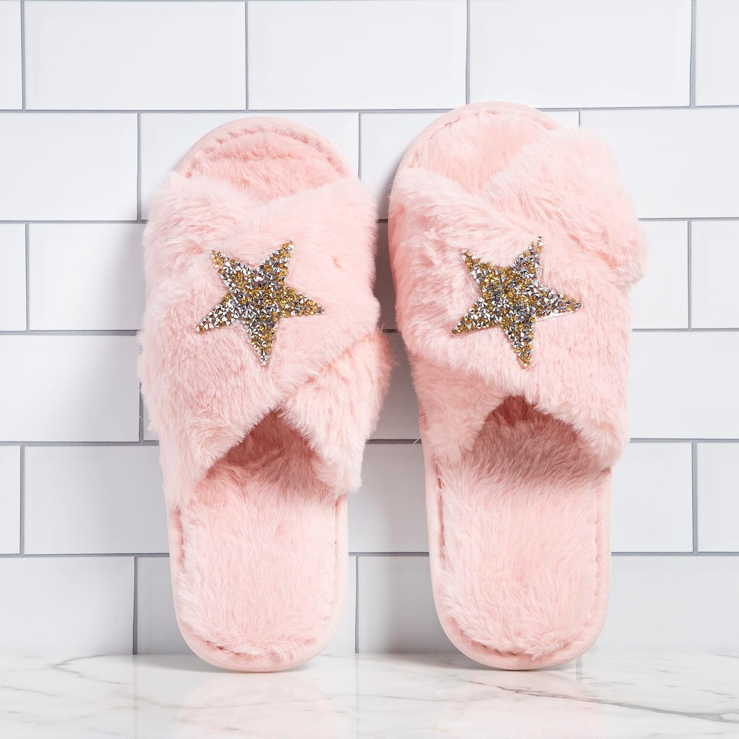 Nicole Miller Bath and Body Present Set Piece Foot Spa Set with Fuzzy Slippers, a Sponge, Foot Lotion, and Foot Scrub, Rosehip with Sparkle Star Slippers image number 4