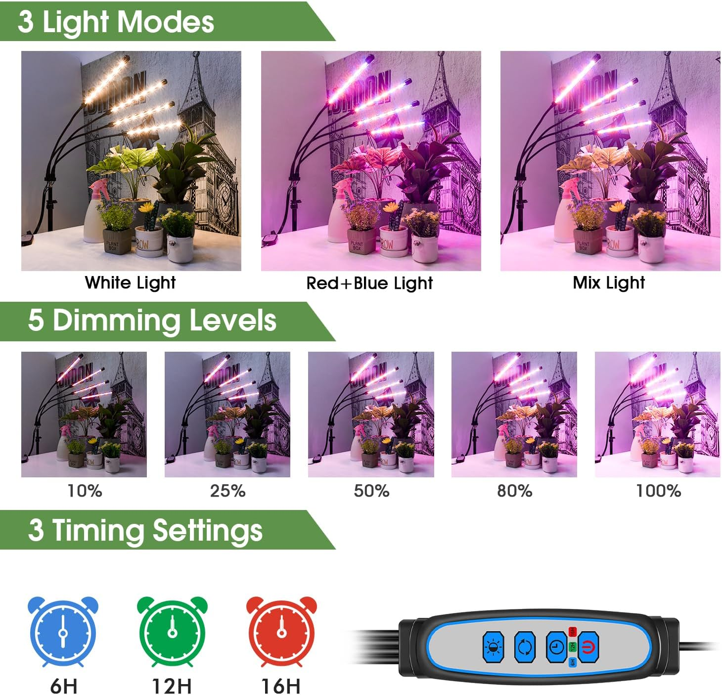 Wolezek Plant Light for Indoor Plants, 4-Head 80 LED Full Spectrum Grow Lights for Seed Starting with 15-61 Inches Adjustable Tripod Stand, Red Blue Warm White Floor Grow Lamp with Auto 6/12/16H Timer image number 2