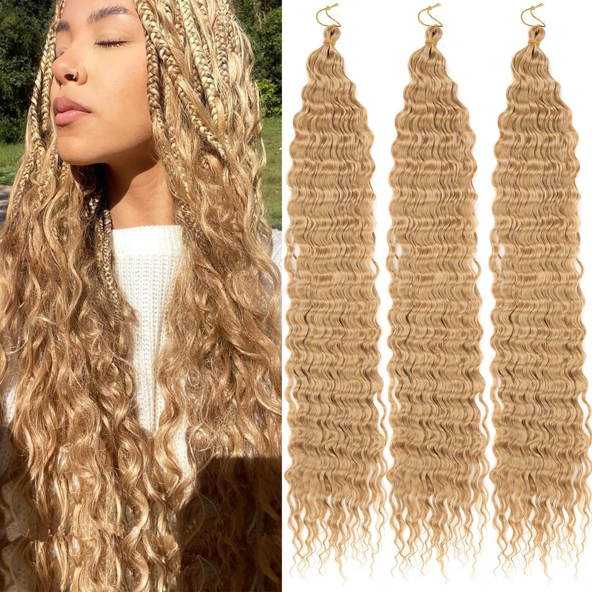 Kachanaa 30 Inch Pre-Separate Deep Wave Braiding Hair Extensions for Goddess River Braids 3 Pack Synthetic Ocean Wave Crochet Hair for Boho Box Braids Blonde EZ Braiding Hair /27# image number 5