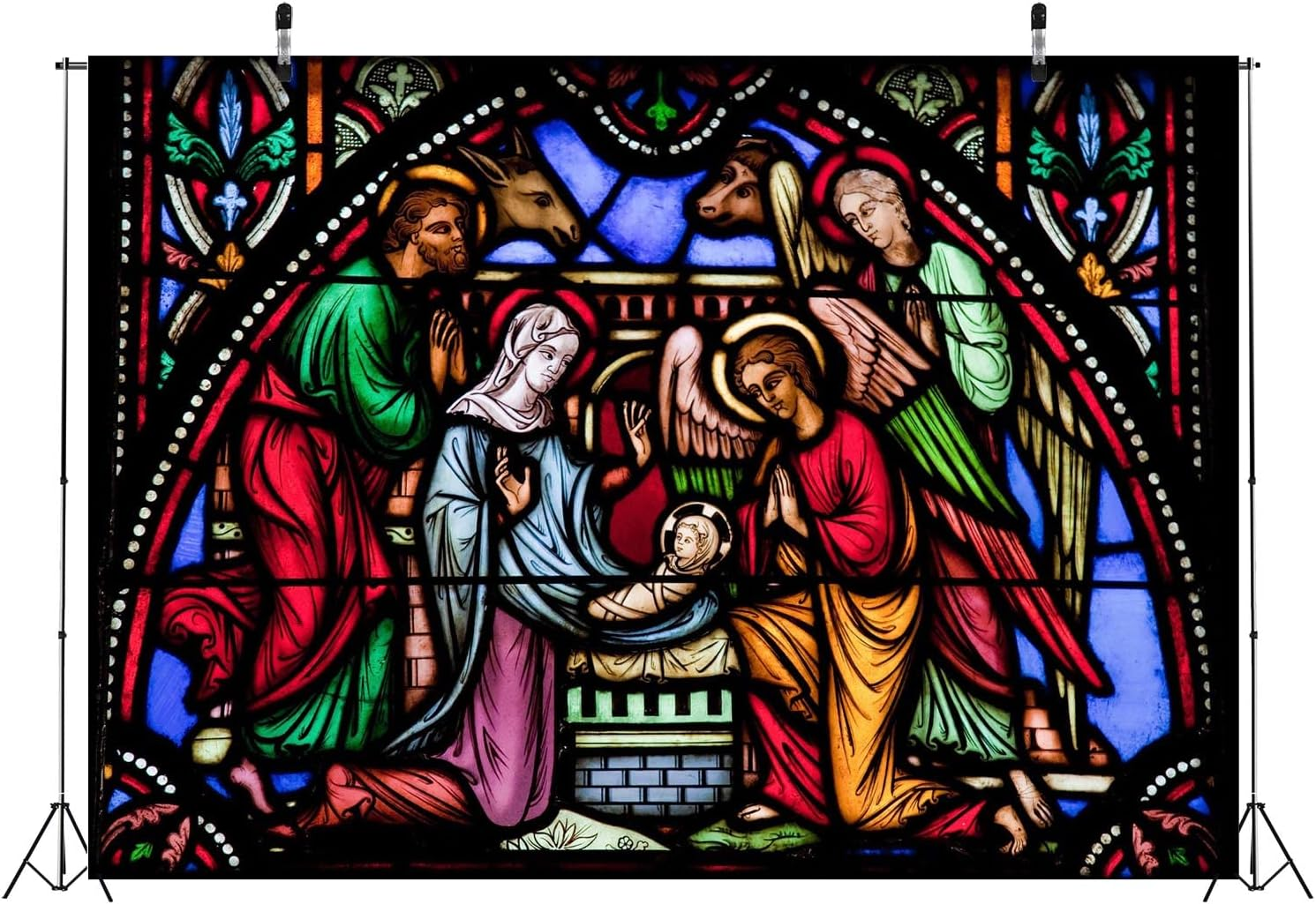 BELECO 8X6Ft Fabric Christmas Nativity Scene Backdrop Cathedral Stained Glass Window Religious Xmas Church Birth of Jesus Photography Background Holy Family Nativity Decor Photo Studio Props image number 1