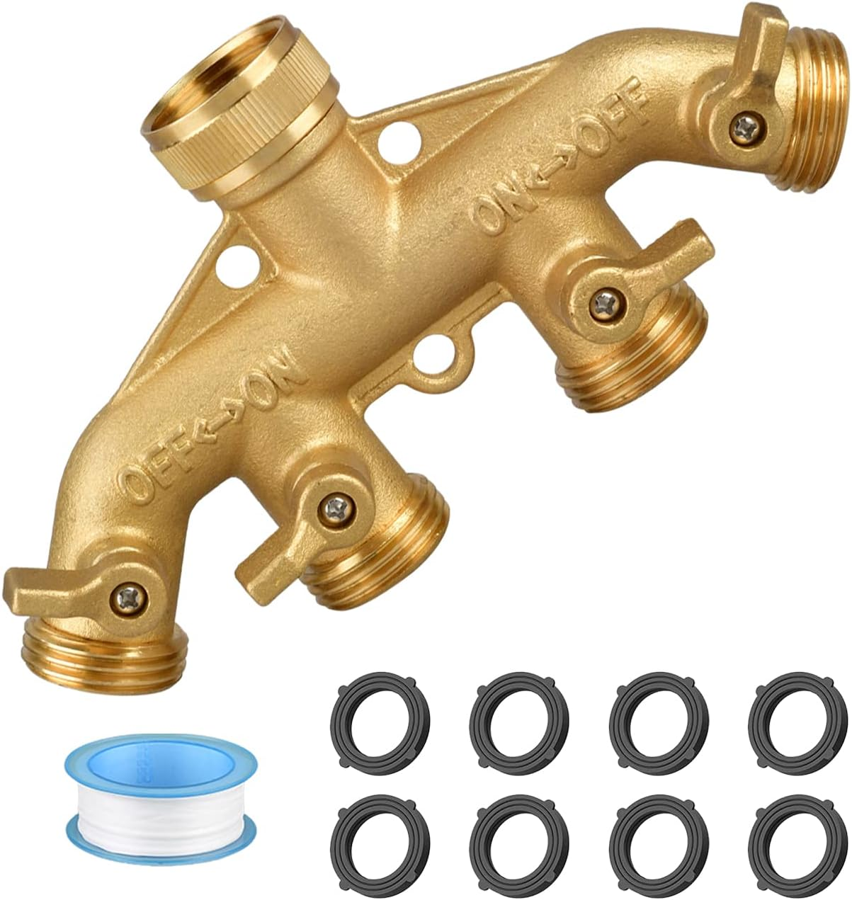 Garden Hose Splitter 4 Way, 3/4" Water Splitter with 8 Gaskets and Seal Tapes, 4 Way Independent Valve Heavy Duty Bronze Body Garden Hose Connector for Gardens, Home Life, Household Use image number 5