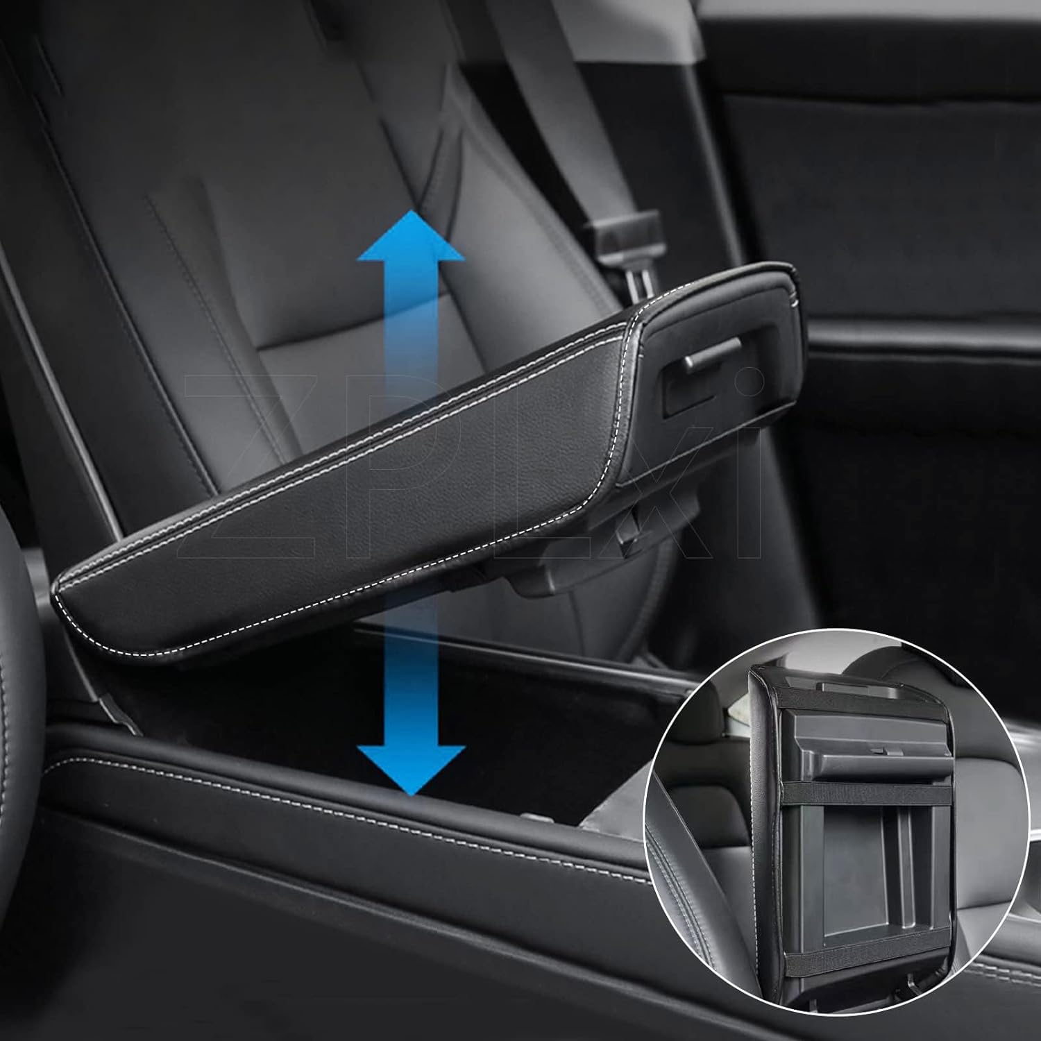 Armrest Cover for Tesla Model 3 Highland Model Y 2024-2017, PU Leather Center Console Arm Rest Anti-Scratch Protector Pad, Non-Slip Interior Accessories for Tesla Model 3 2024 (Black) image number 4