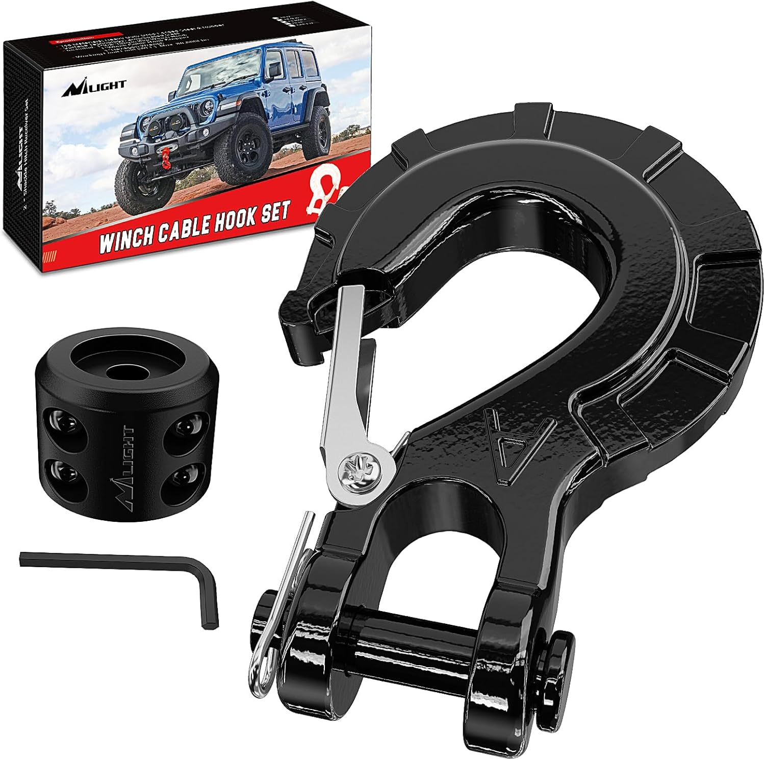 Nilight Forged Steel Winch Hook 3/8" Grade 70 Safety Latch Winch Cable Hook Stopper & Clevis Slip Hook Sets, Included Allen Wrench,Max 35,000 Lbs,2 Years Warranty, Black